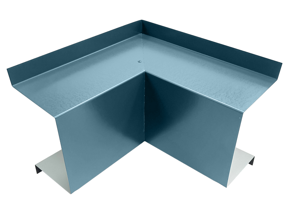 A PermaCover Metal HVAC Line Set Cover Inside Corner Elbow that is made to attach to exterior walls to cover existing HVAC line sets. The elbow cover is Slate Blue in color.