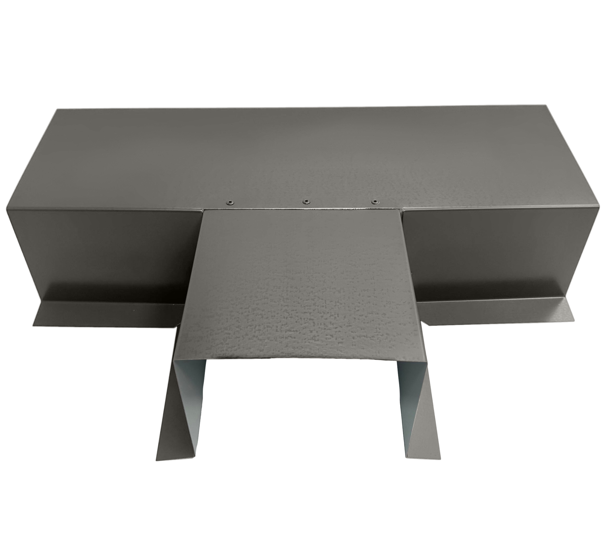 A PermaCover Metal HVAC Line Set Cover T-Joint Connector that is made to attach to exterior walls to cover existing HVAC line sets. The elbow cover is Slate Gray in color.