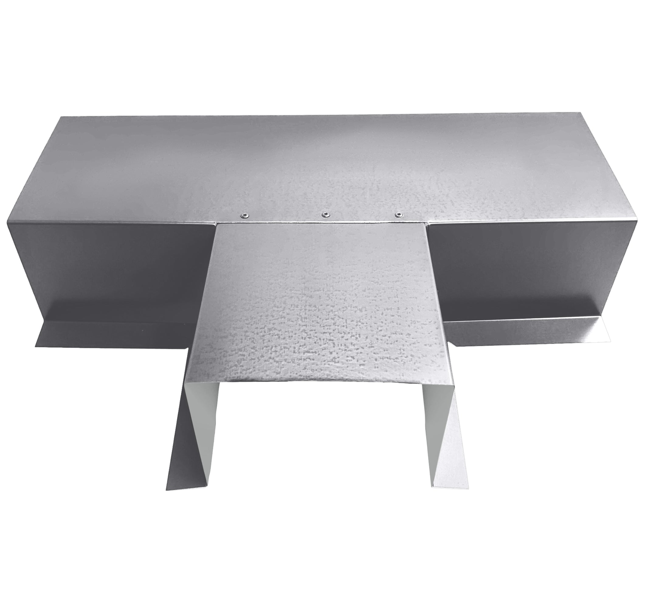 A PermaCover Metal HVAC Line Set Cover T-Joint Connector that is made to attach to exterior walls to cover existing HVAC line sets. The elbow cover is made from 26 Gauge Bare Aluminum.