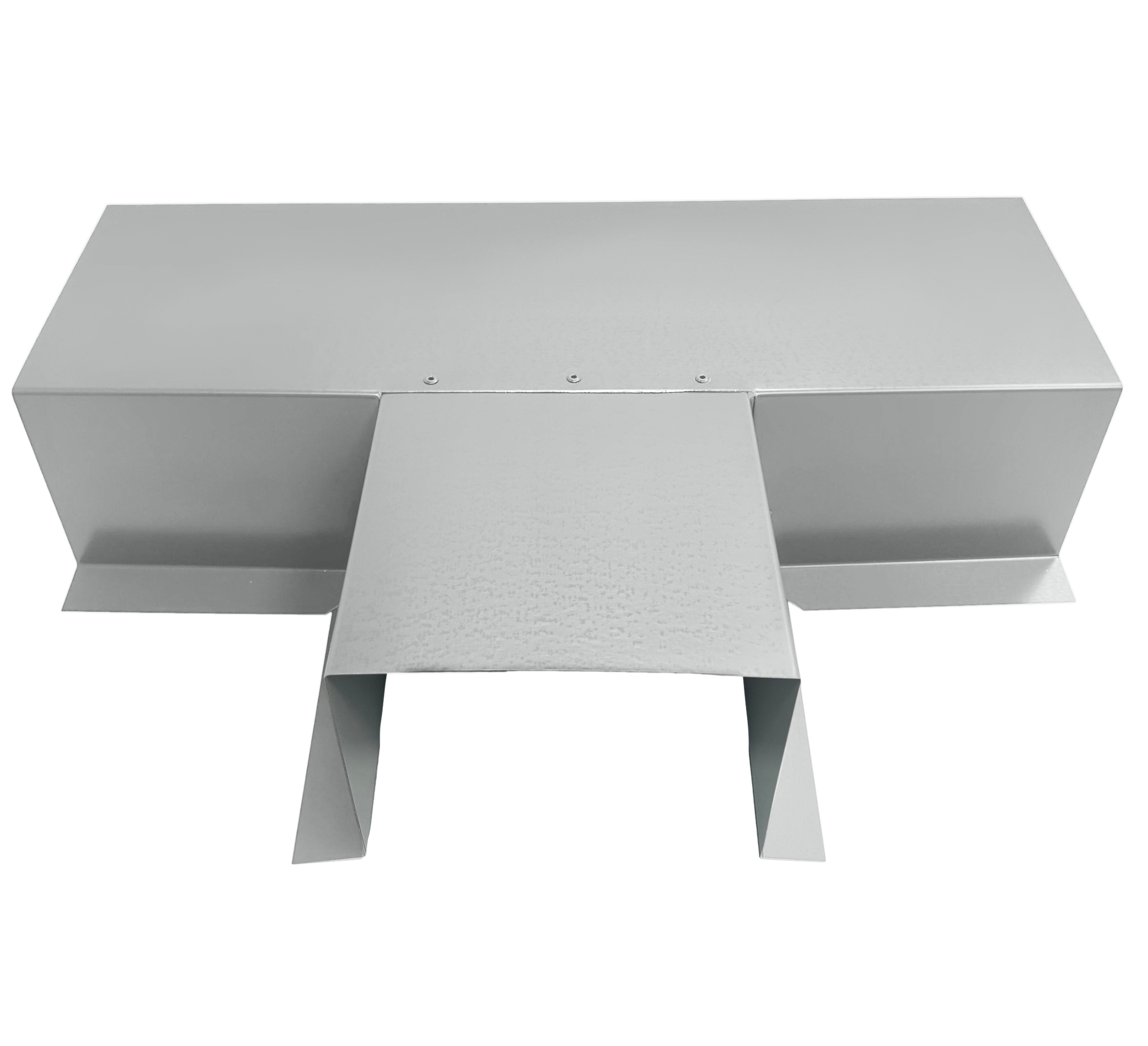 A PermaCover Metal HVAC Line Set Cover T-Joint Connector that is made to attach to exterior walls to cover existing HVAC line sets. The elbow cover is Stone White in color.