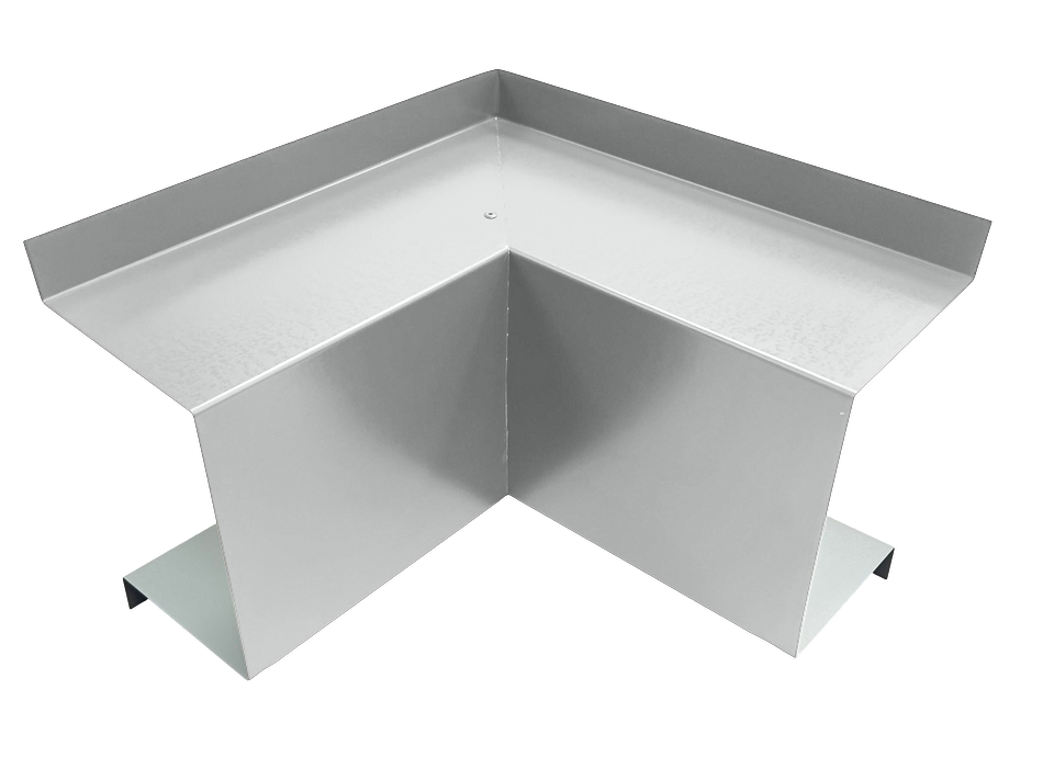 A PermaCover Metal HVAC Line Set Cover Inside Corner Elbow that is made to attach to exterior walls to cover existing HVAC line sets. The elbow cover is Stone White in color.