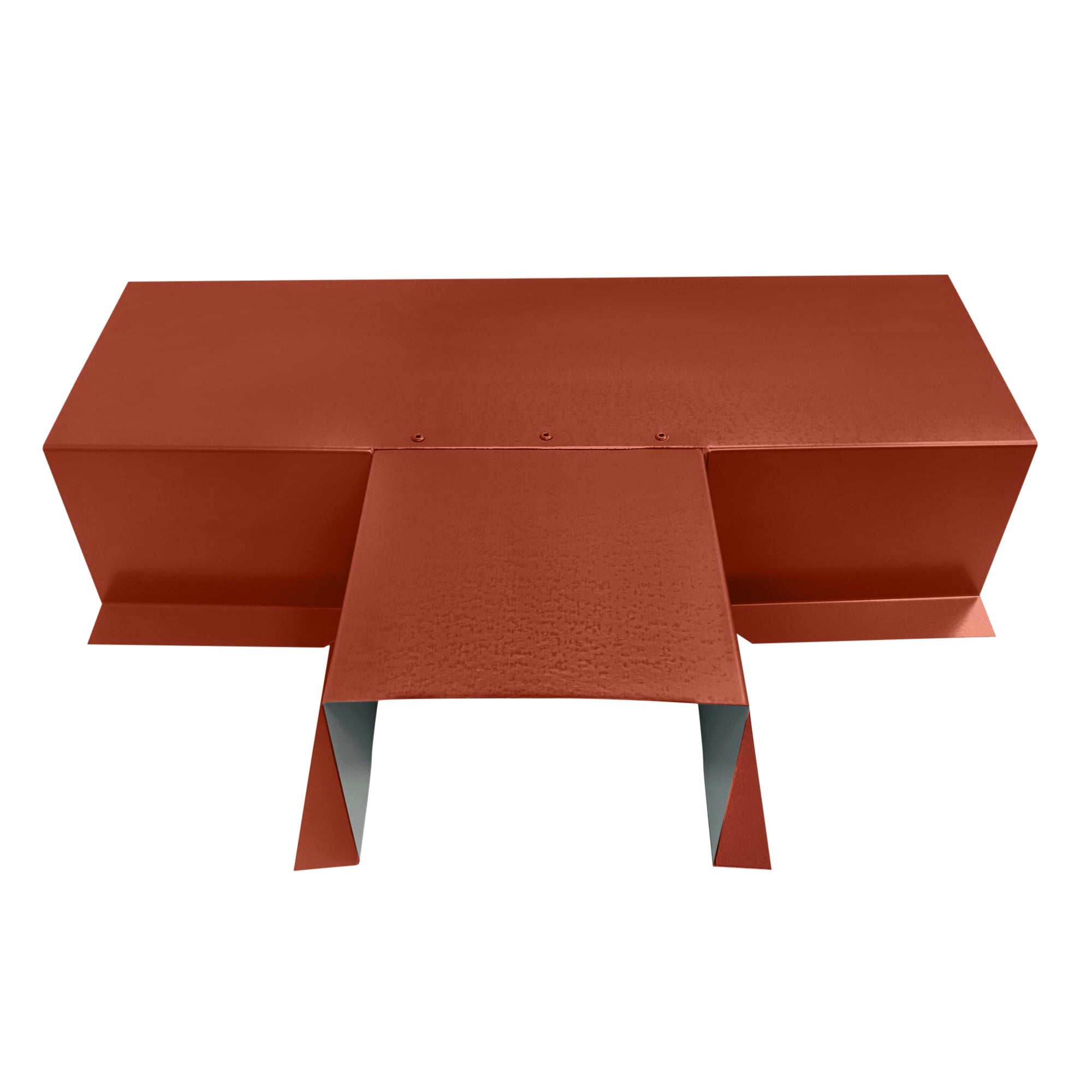 A PermaCover Metal HVAC Line Set Cover T-Joint Connector that is made to attach to exterior walls to cover existing HVAC line sets. The elbow cover is made from 6 Gauge Painted Steel and is Barn Red in color.