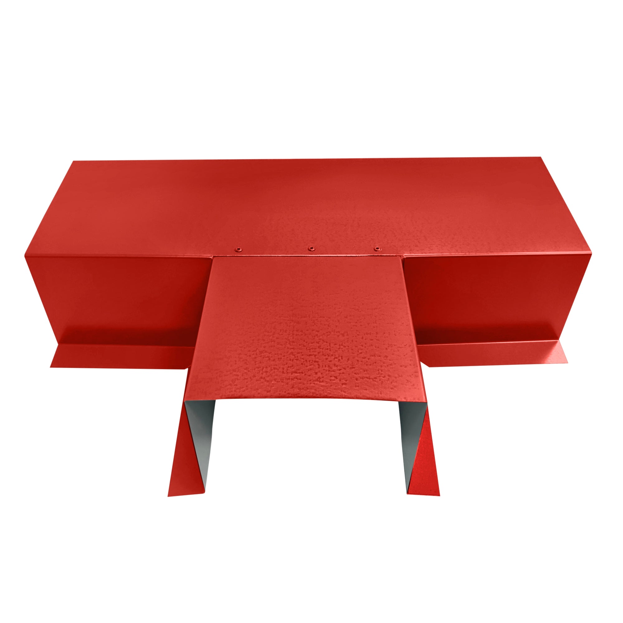 A PermaCover Metal HVAC Line Set Cover T-Joint Connector that is made to attach to exterior walls to cover existing HVAC line sets. The elbow cover is made from 6 Gauge Painted Steel and is Bright Red in color.