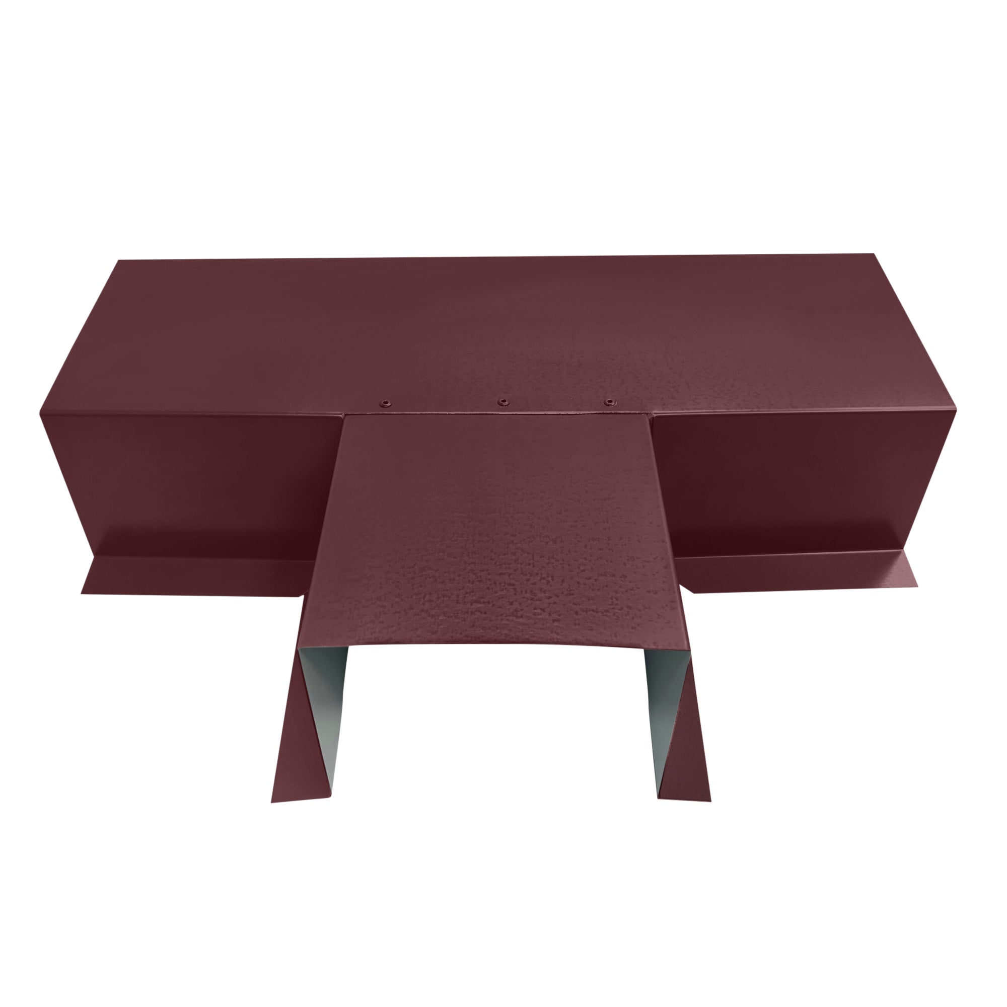 A PermaCover Metal HVAC Line Set Cover T-Joint Connector that is made to attach to exterior walls to cover existing HVAC line sets. The elbow cover is made from 6 Gauge Painted Steel and is Burgundy in color.