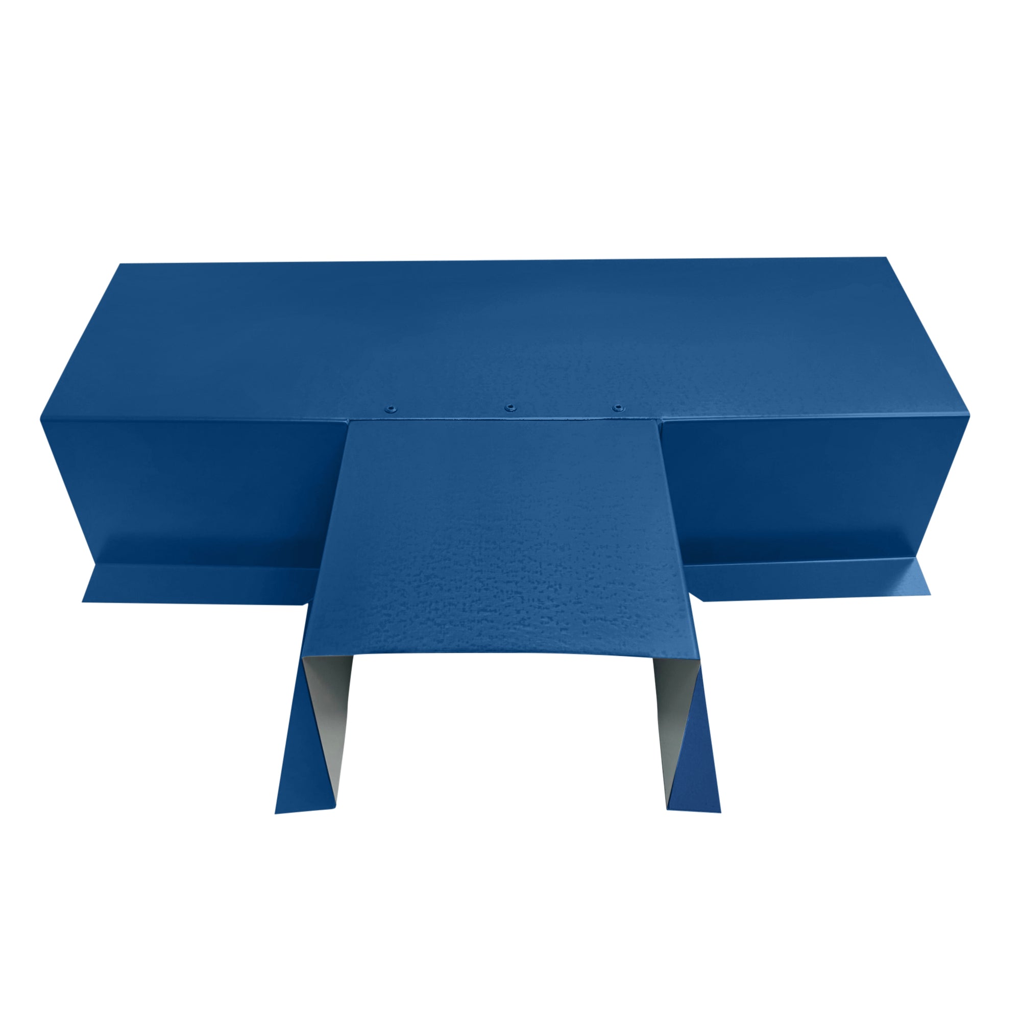 A PermaCover Metal HVAC Line Set Cover T-Joint Connector that is made to attach to exterior walls to cover existing HVAC line sets. The elbow cover is made from 6 Gauge Painted Steel and is Regal Blue in color.