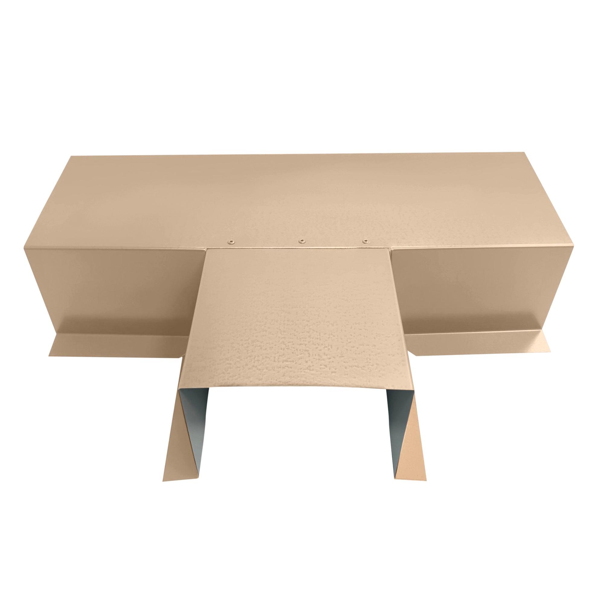 A PermaCover Metal HVAC Line Set Cover T-Joint Connector that is made to attach to exterior walls to cover existing HVAC line sets. The elbow cover is made from 6 Gauge Painted Steel and is Sahara Tan in color.