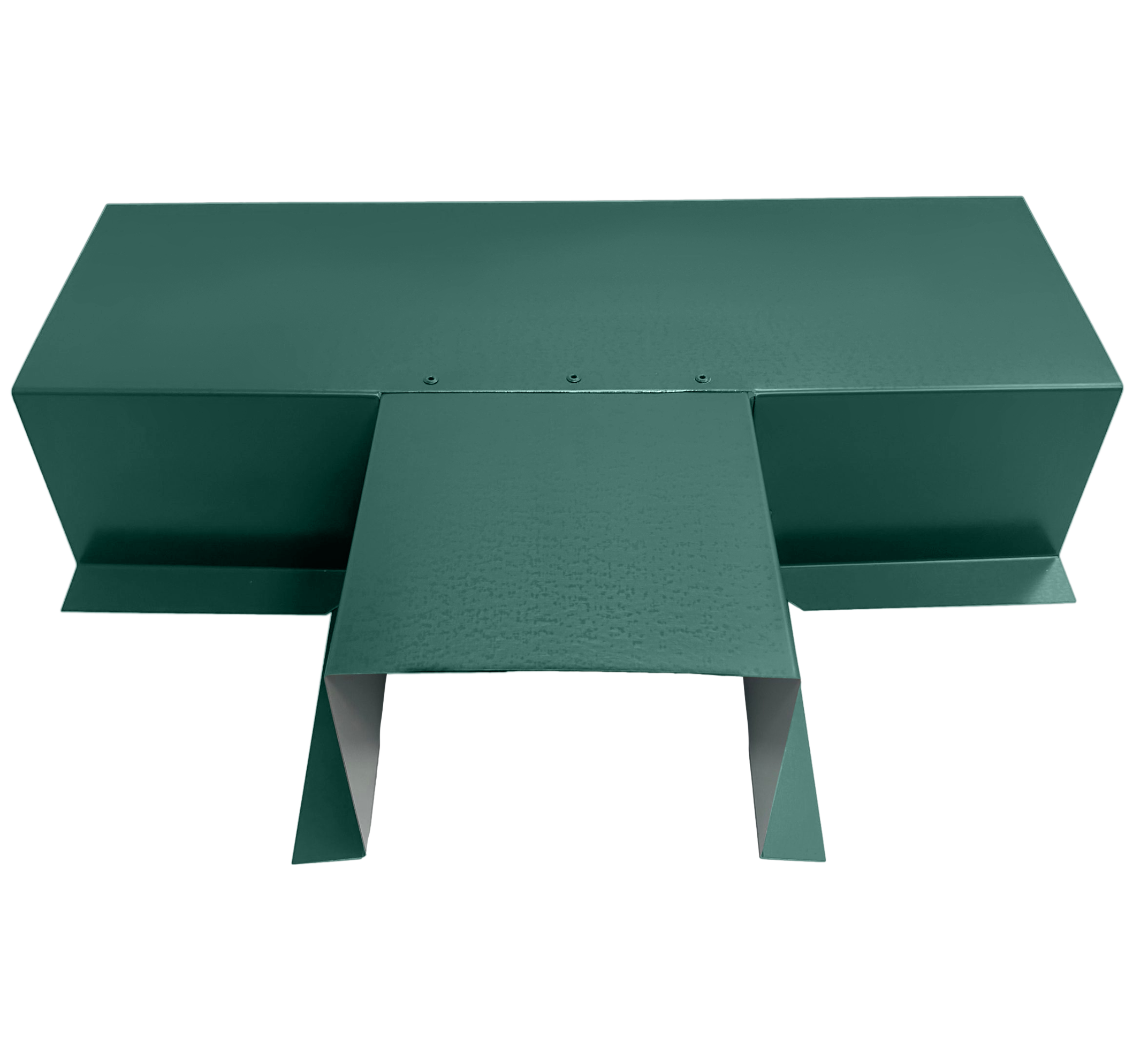 A PermaCover Metal HVAC Line Set Cover T-Joint Connector that is made to attach to exterior walls to cover existing HVAC line sets. The elbow cover is Teal in color.