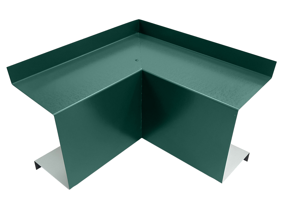 A PermaCover Metal HVAC Line Set Cover Inside Corner Elbow that is made to attach to exterior walls to cover existing HVAC line sets. The elbow cover is Teal in color.