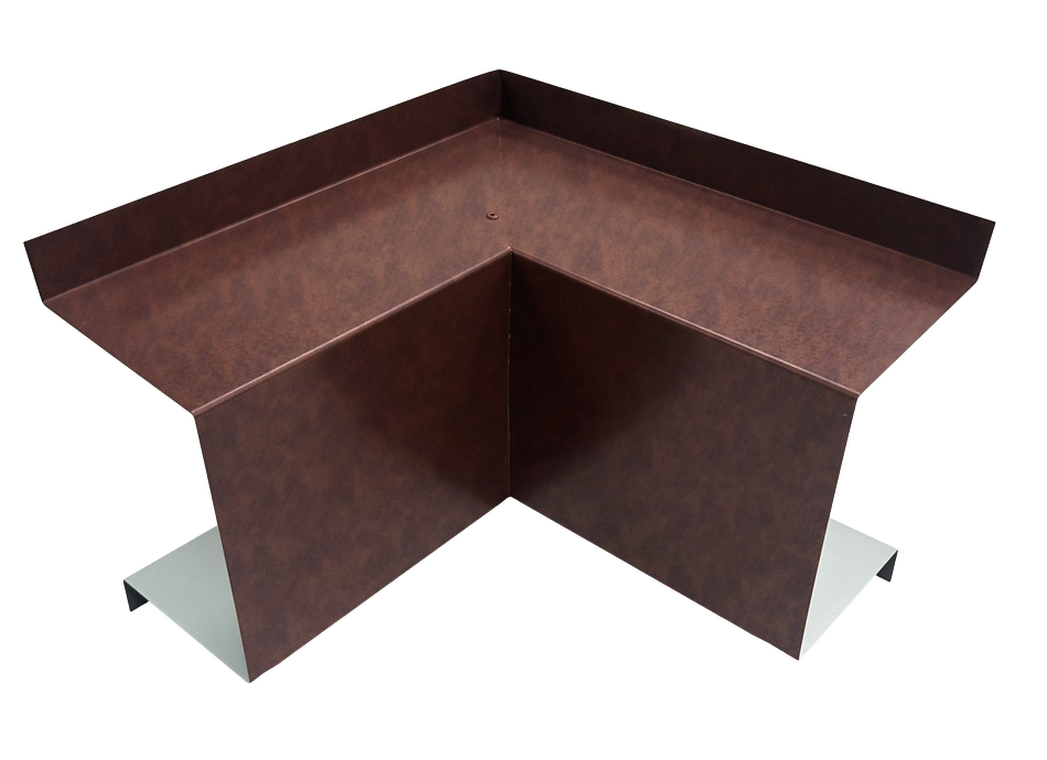 A PermaCover Metal HVAC Line Set Cover Inside Corner Elbow that is made to attach to exterior walls to cover existing HVAC line sets. The elbow cover is Western in color.