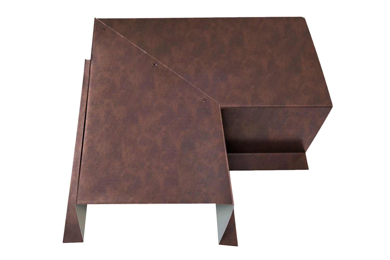 A PermaCover Metal HVAC Line Set Cover 90° Side Turning Elbow that is made to attach to exterior walls to cover existing HVAC line sets. The elbow cover is Western Rust in color.