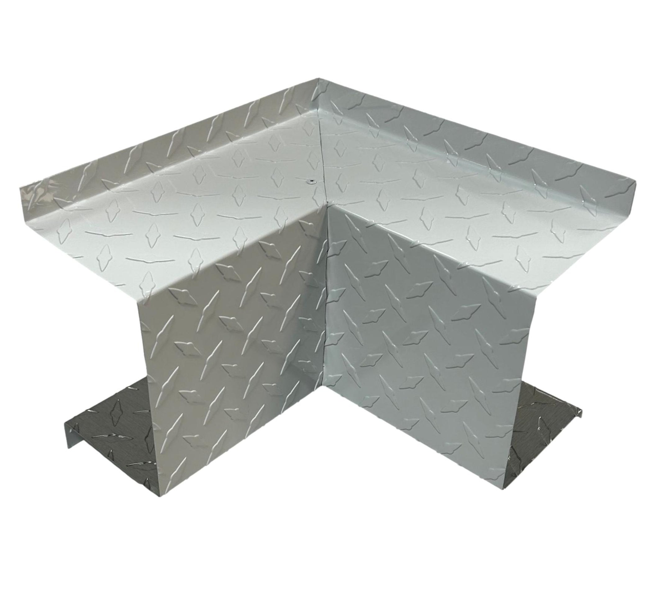 A PermaCover Metal HVAC Line Set Cover Inside Corner Elbow that is made to attach to exterior walls to cover existing HVAC line sets. The elbow cover made from 0.025 inch Aluminum Diamond Tread Plate in color White.