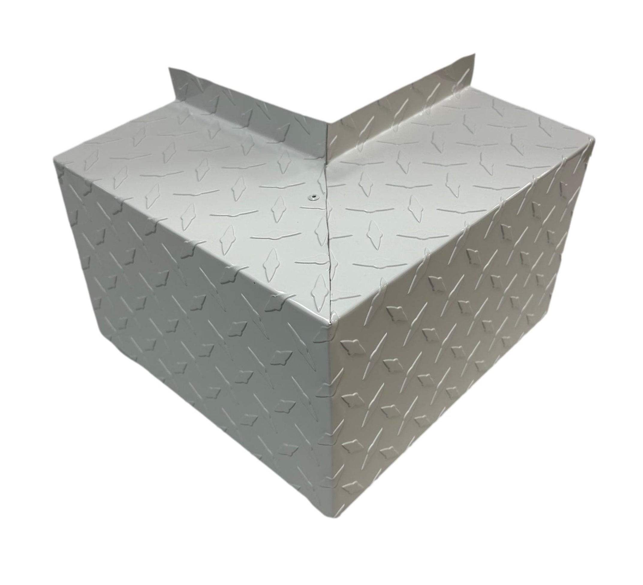 A PermaCover Metal HVAC Line Set Cover Outside Corner Elbow that is made to attach to exterior walls to cover existing HVAC line sets. The elbow cover made from 0.025 inch Aluminum Diamond Tread Plate in the color White.