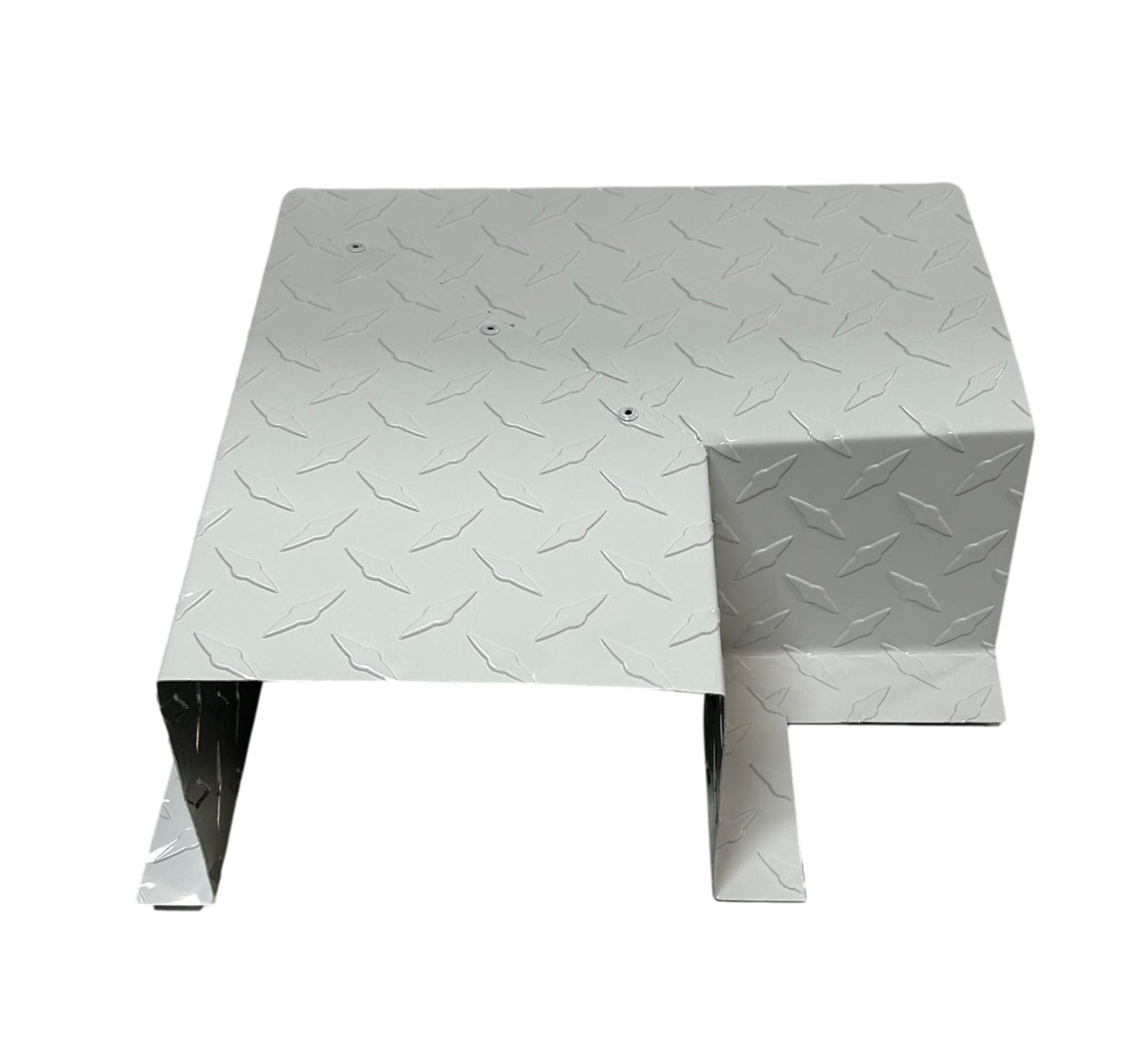 A PermaCover Metal HVAC Line Set Cover 90° Side Turning Elbow that is made to attach to exterior walls to cover existing HVAC line sets. The elbow is made from 0.025 inch Aluminum Diamond Plate in the color White.