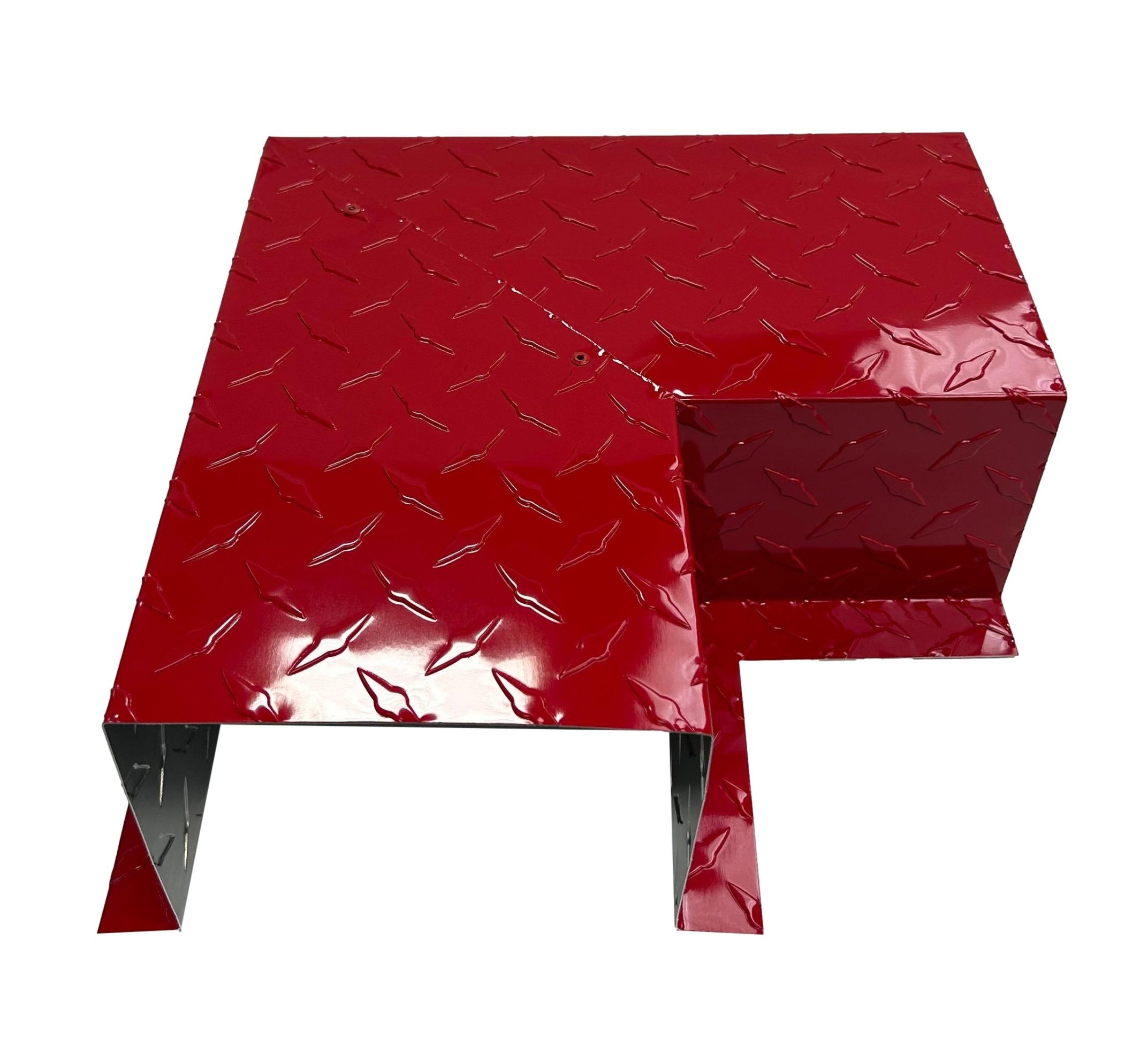 A PermaCover Metal HVAC Line Set Cover 90° Side Turning Elbow that is made to attach to exterior walls to cover existing HVAC line sets. The elbow is made from 0.025 inch Aluminum Diamond Plate in the color Red.