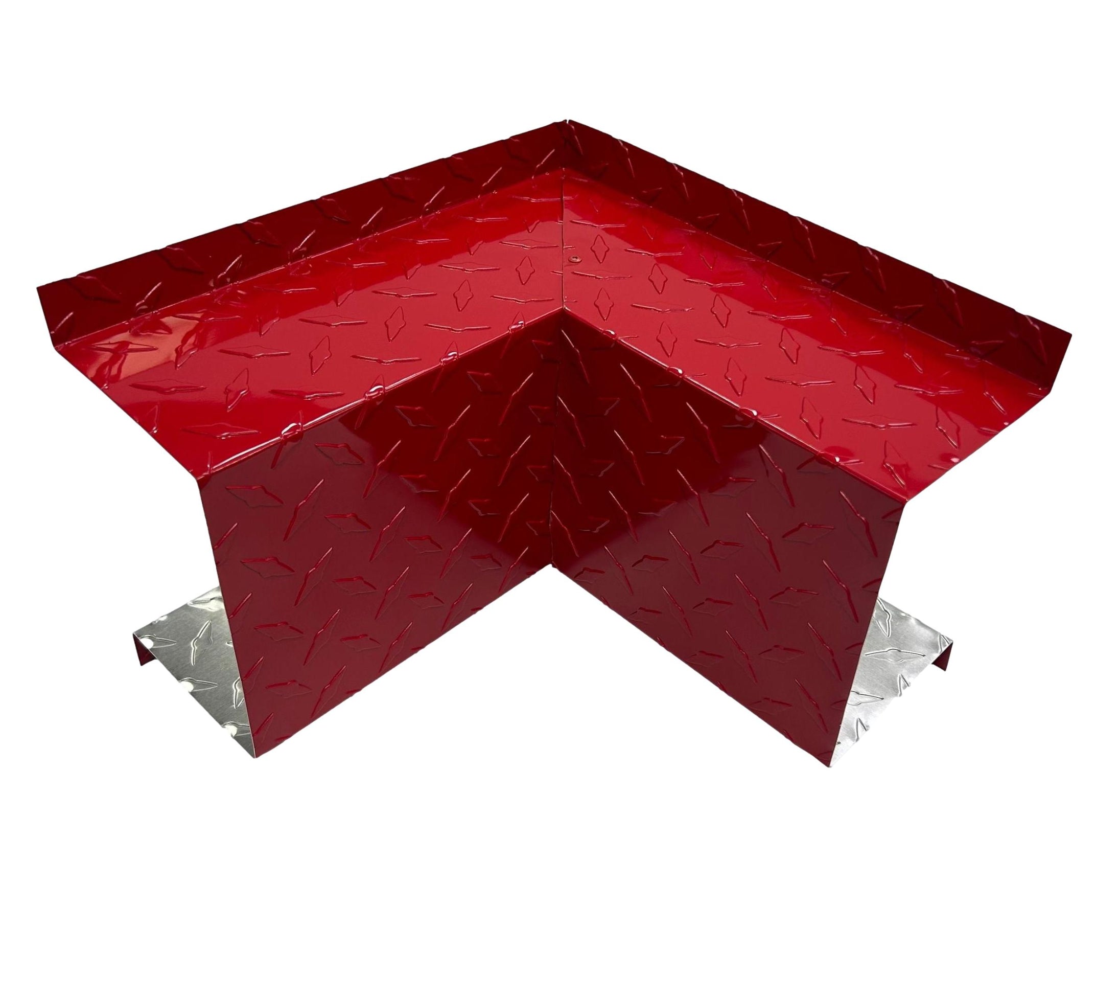 A PermaCover Metal HVAC Line Set Cover Inside Corner Elbow that is made to attach to exterior walls to cover existing HVAC line sets. The elbow cover made from 0.025 inch Aluminum Diamond Tread Plate in color Red.