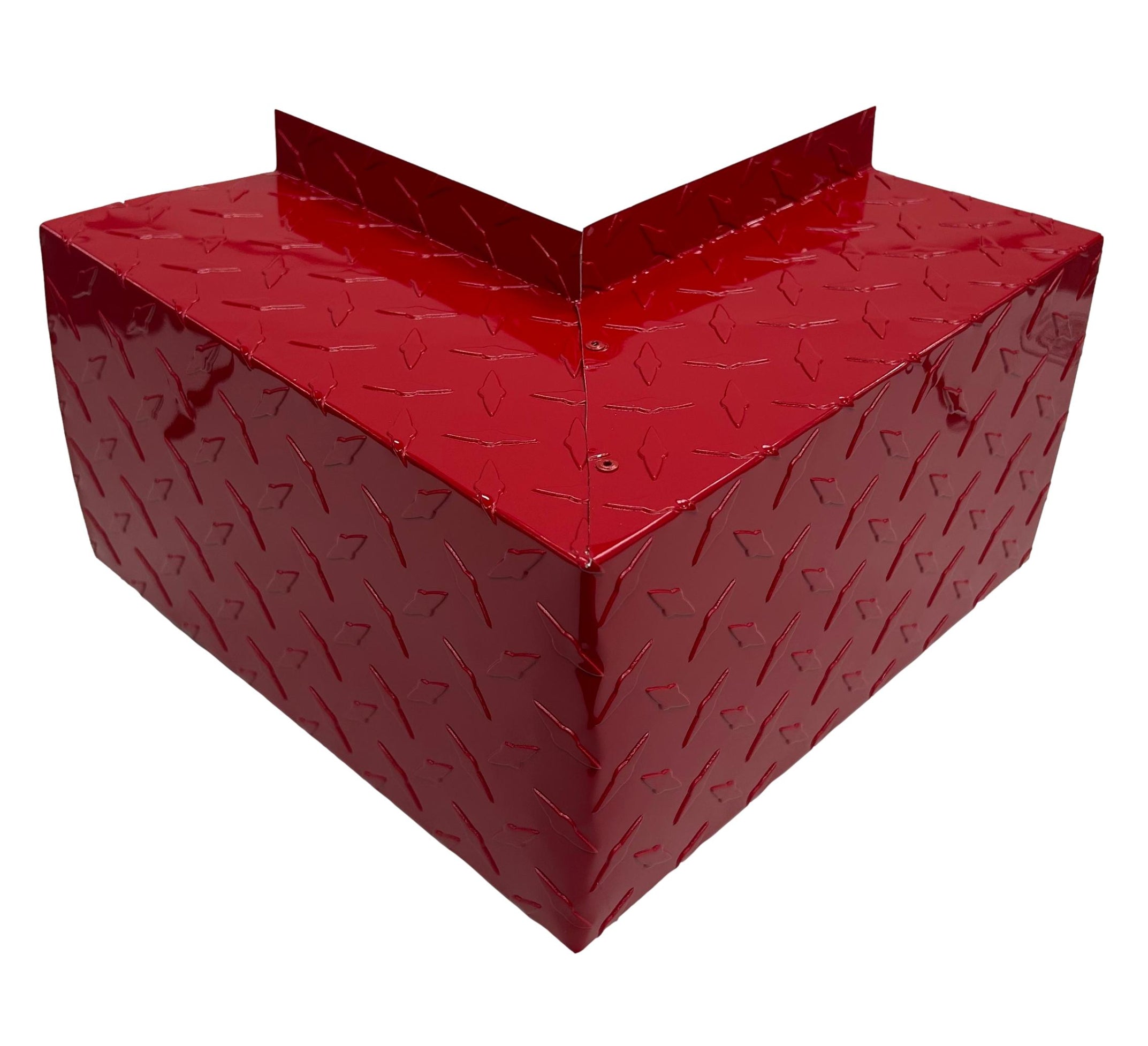 A PermaCover Metal HVAC Line Set Cover Outside Corner Elbow that is made to attach to exterior walls to cover existing HVAC line sets. The elbow cover made from 0.025 inch Aluminum Diamond Tread Plate in the color Red.