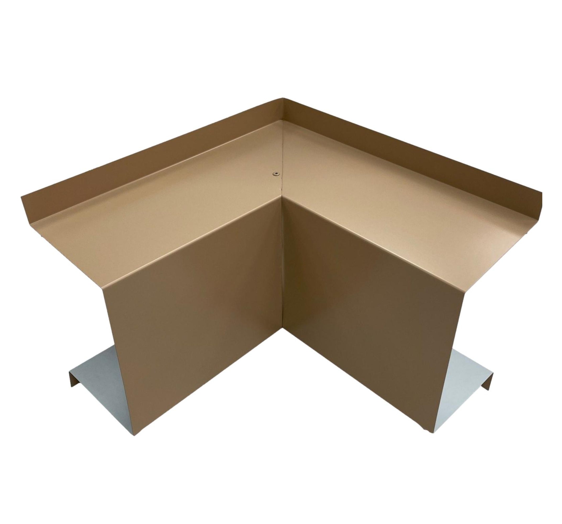 A PermaCover Metal HVAC Line Set Cover Inside Corner Elbow that is made to attach to exterior walls to cover existing HVAC line sets. The elbow cover made from 26 Gauge Painted Steel and is Sahara Tan in color.
