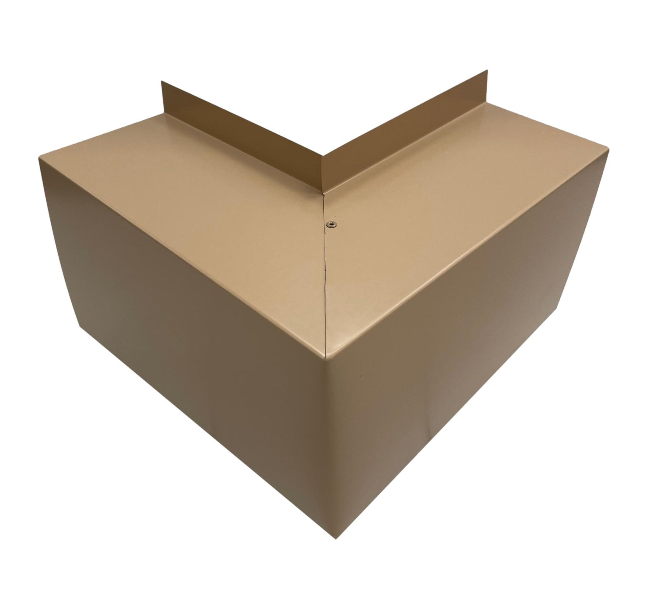 A PermaCover Metal HVAC Line Set Cover Outside Corner Elbow that is made to attach to exterior walls to cover existing HVAC line sets. The elbow cover made from 26 Gauge Painted Steel in the color Sahara Tan.