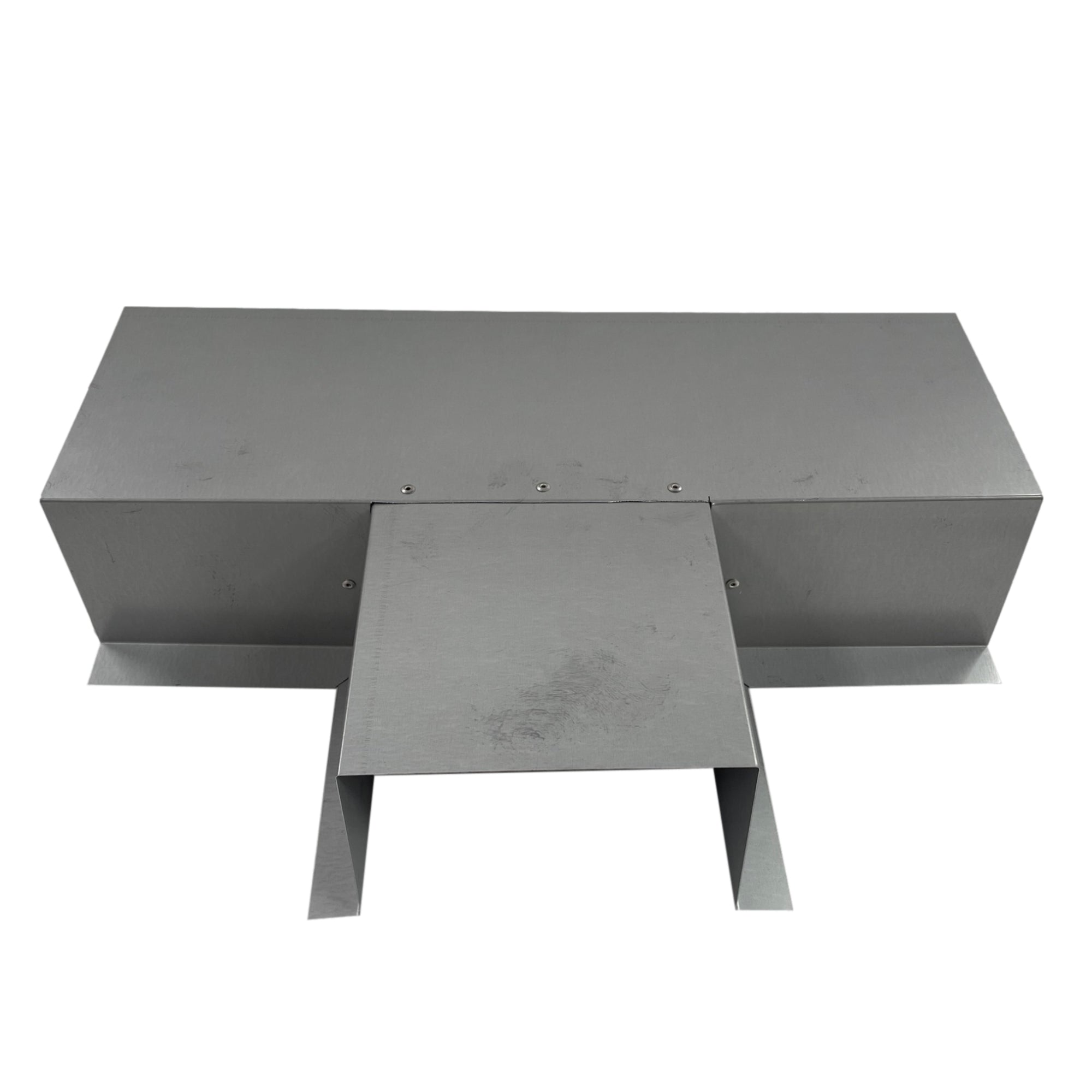 A PermaCover Metal HVAC Line Set Cover T-Joint Connector that is made to attach to exterior walls to cover existing HVAC line sets. The elbow cover is made from 26 Gauge Paintable Steel.