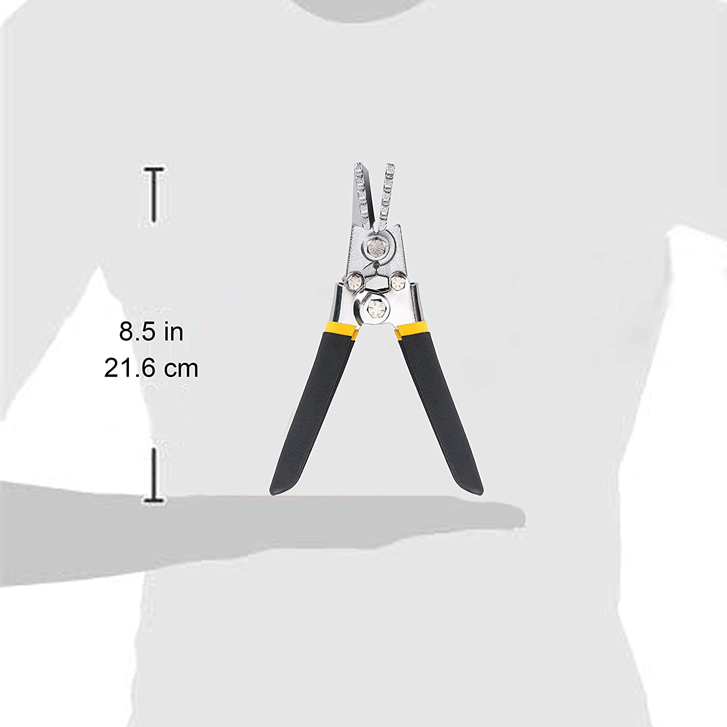 A pair of sheet metal hand benders being held by a silhouette to show the size, which is 8.5 inches or 21.6 centimeters.