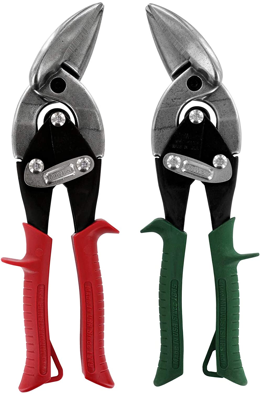 Two pairs of offset cutting sheet metal tin snips; one left and one right set.