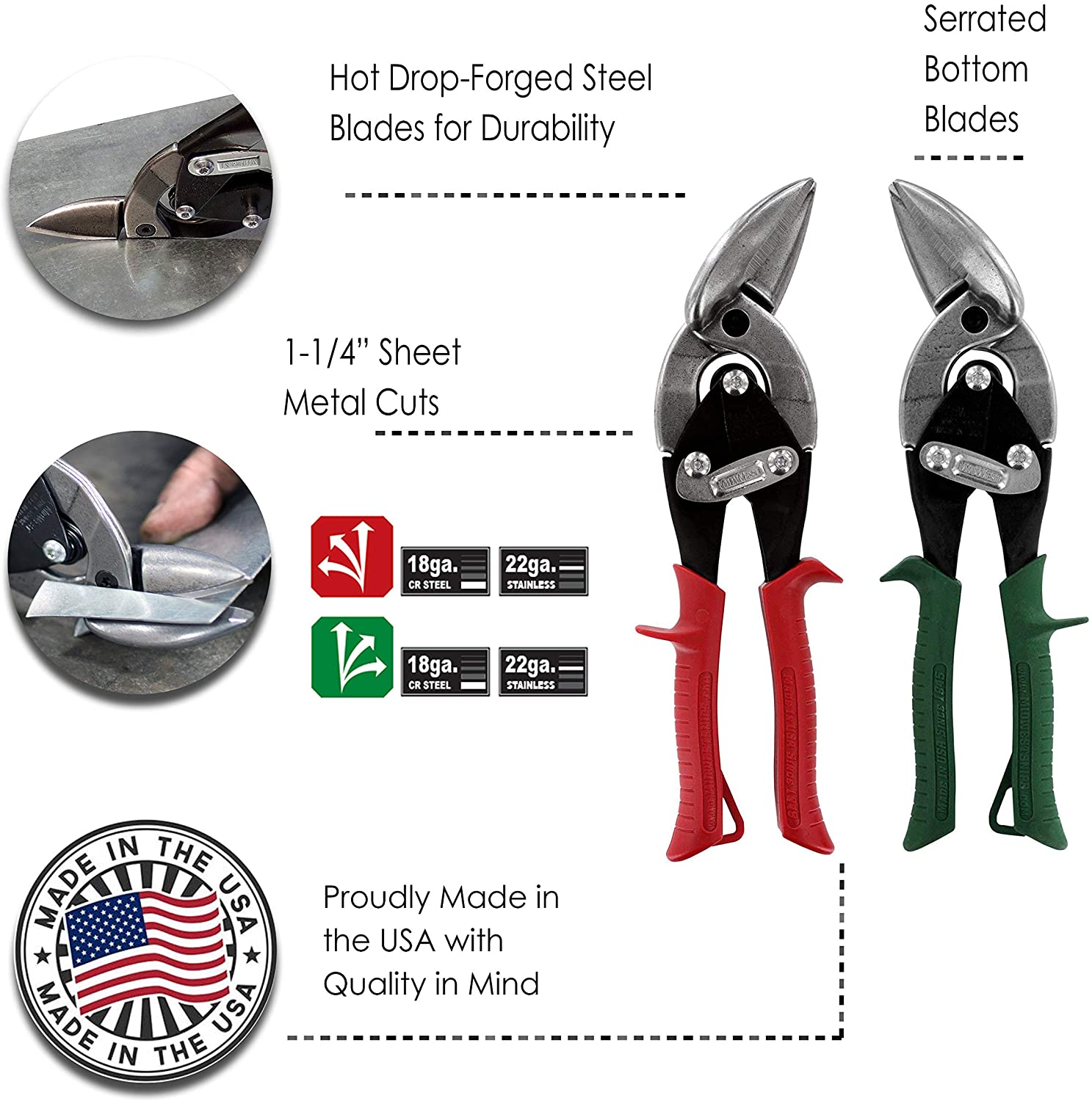 An infographic featuring photos of the sheet metal tin snips in use that reads: Hot Drop-Forged Steel Blades for Durability, Serrated Bottom Blades, 1-1/4 inch Sheet Metal Cuts, Proudly Made in the USA with Quality in Mind.