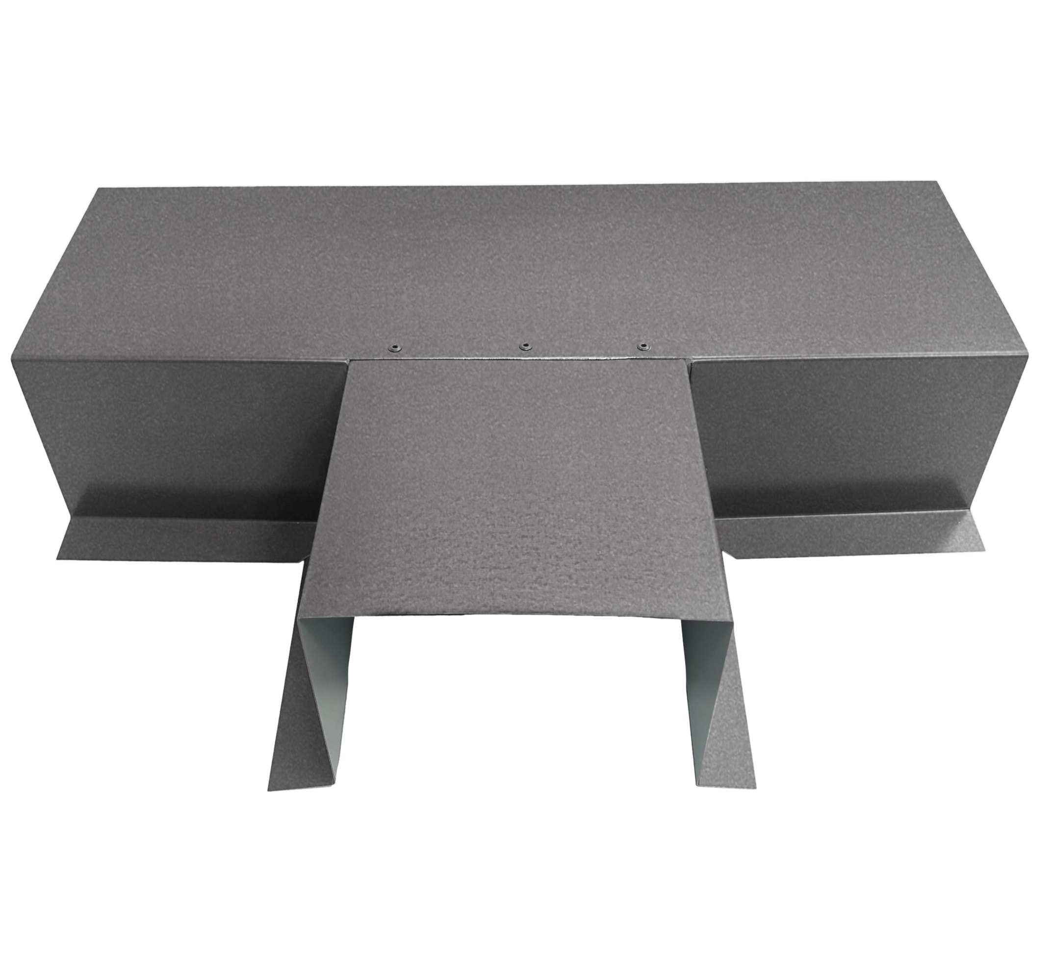 A PermaCover Metal HVAC Line Set Cover T-Joint Connector that is made to attach to exterior walls to cover existing HVAC line sets. The elbow cover is made from 22 Gauge Bare Aluminum.