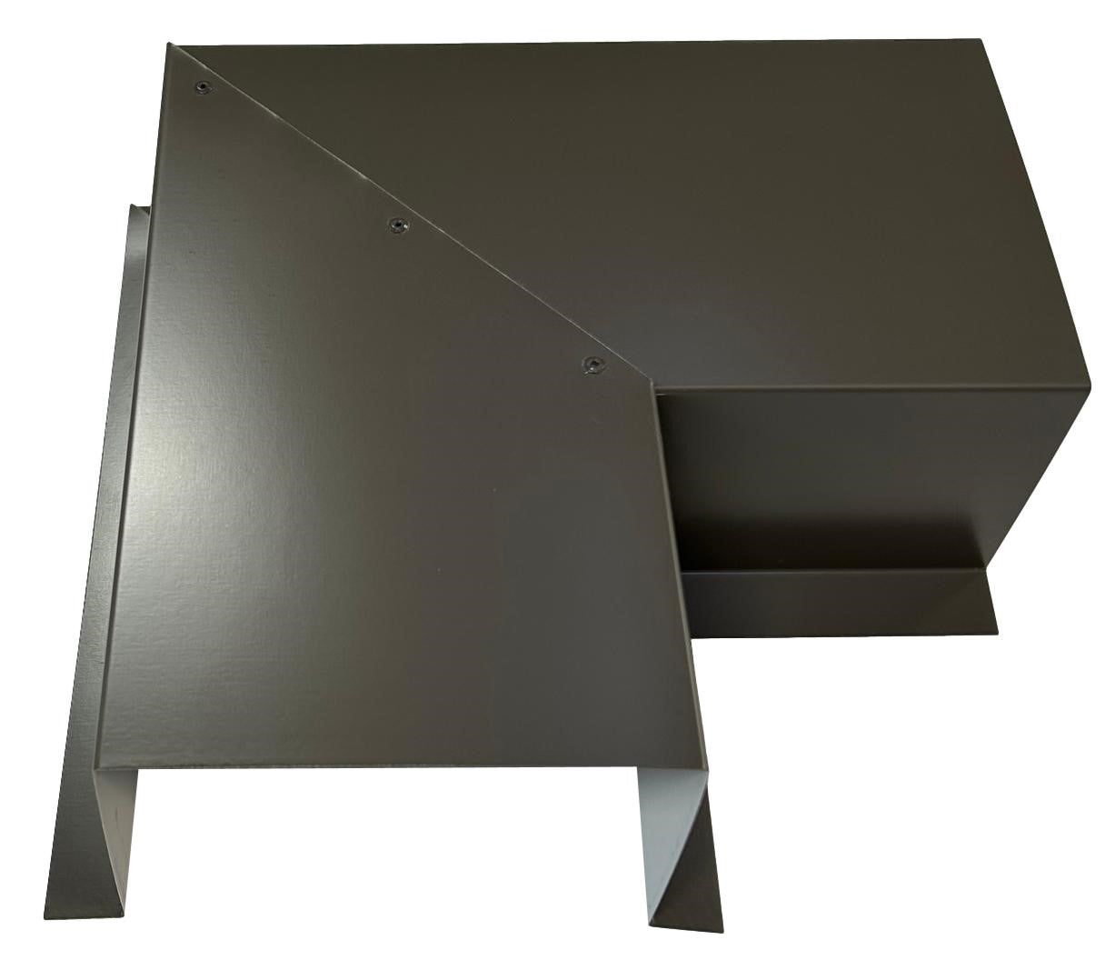 A PermaCover Metal HVAC Line Set Cover 90° Side Turning Elbow that is made to attach to exterior walls to cover existing HVAC line sets. The elbow is made from 26 Gauge Painted Steel and is Burnished Slate in color.