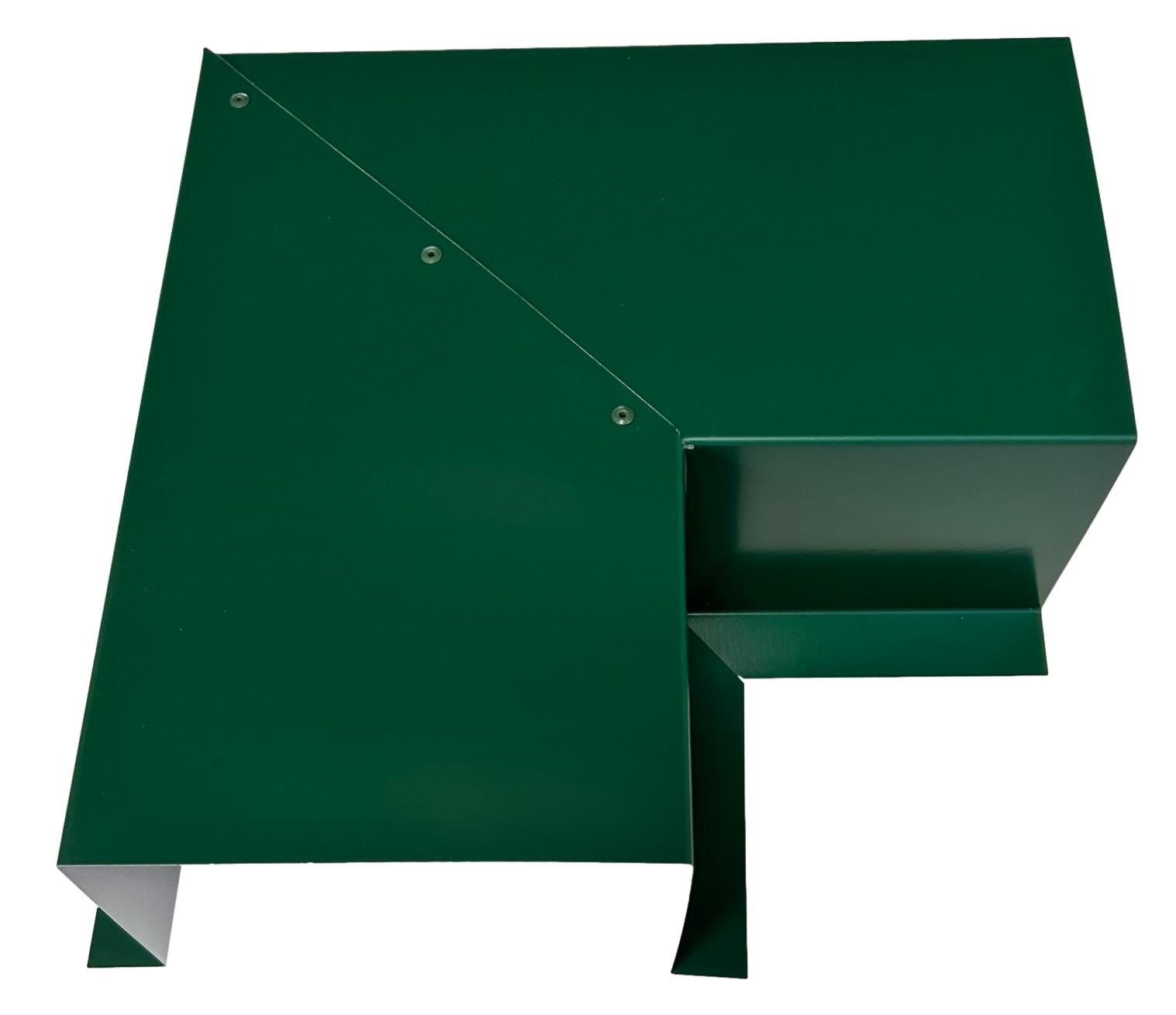 A PermaCover Metal HVAC Line Set Cover 90° Side Turning Elbow that is made to attach to exterior walls to cover existing HVAC line sets. The elbow is made from 26 Gauge Painted Steel and is Forest Green in color.