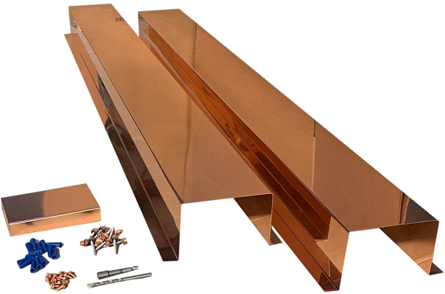 A PermaCover HVAC Line Set Cover that consists of two 5 FT sections. The cover is meant to install to extend existing HVAC line sets. The cover is made from 16 ounce Pure Copper.