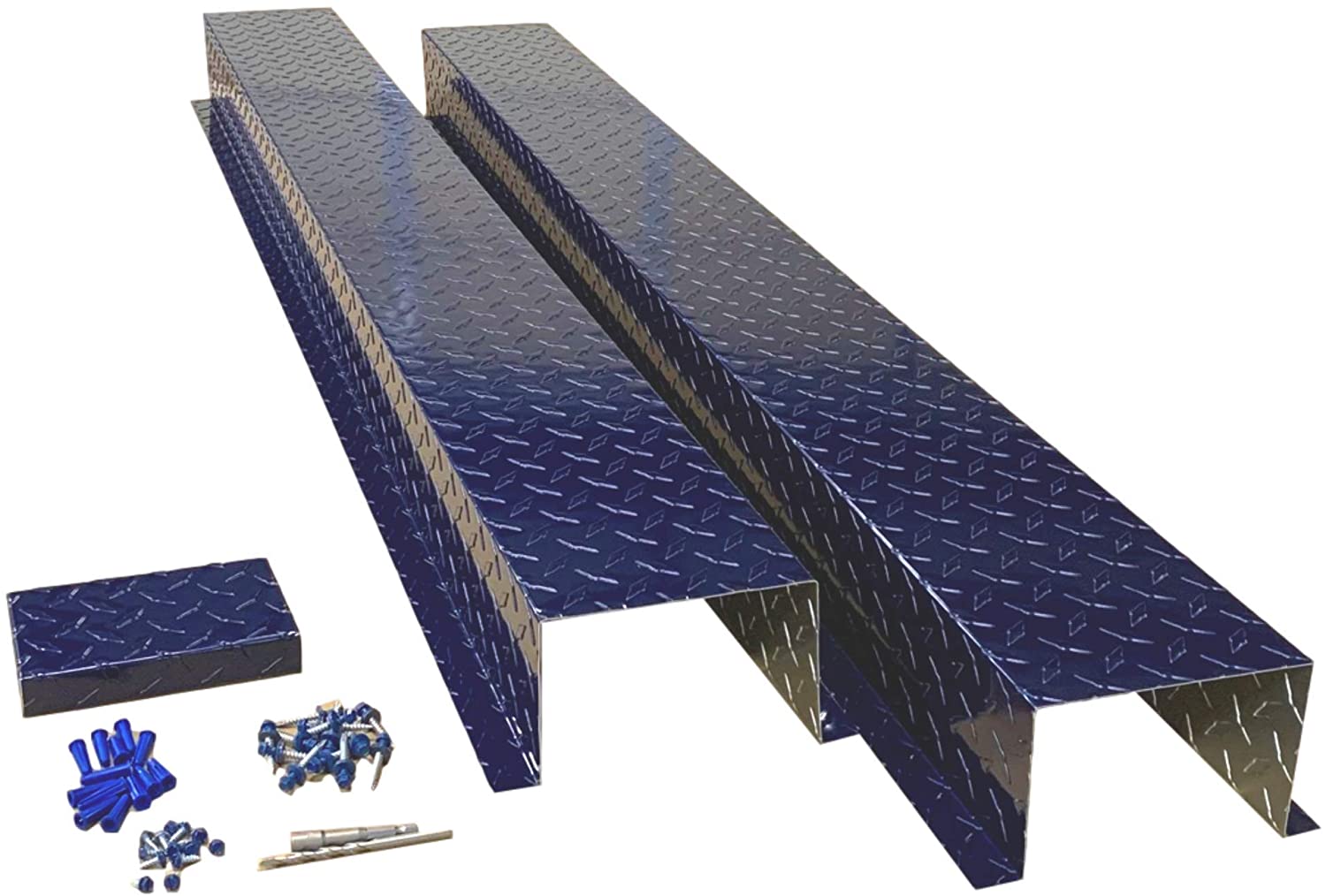 A PermaCover HVAC Line Set Cover that consists of two 5 FT sections that telescope together. The cover kit includes end caps, fasteners, and drivers. The cover is made from 0.025 inch Aluminum Diamond Treadplate and is Indigo Blue in color.