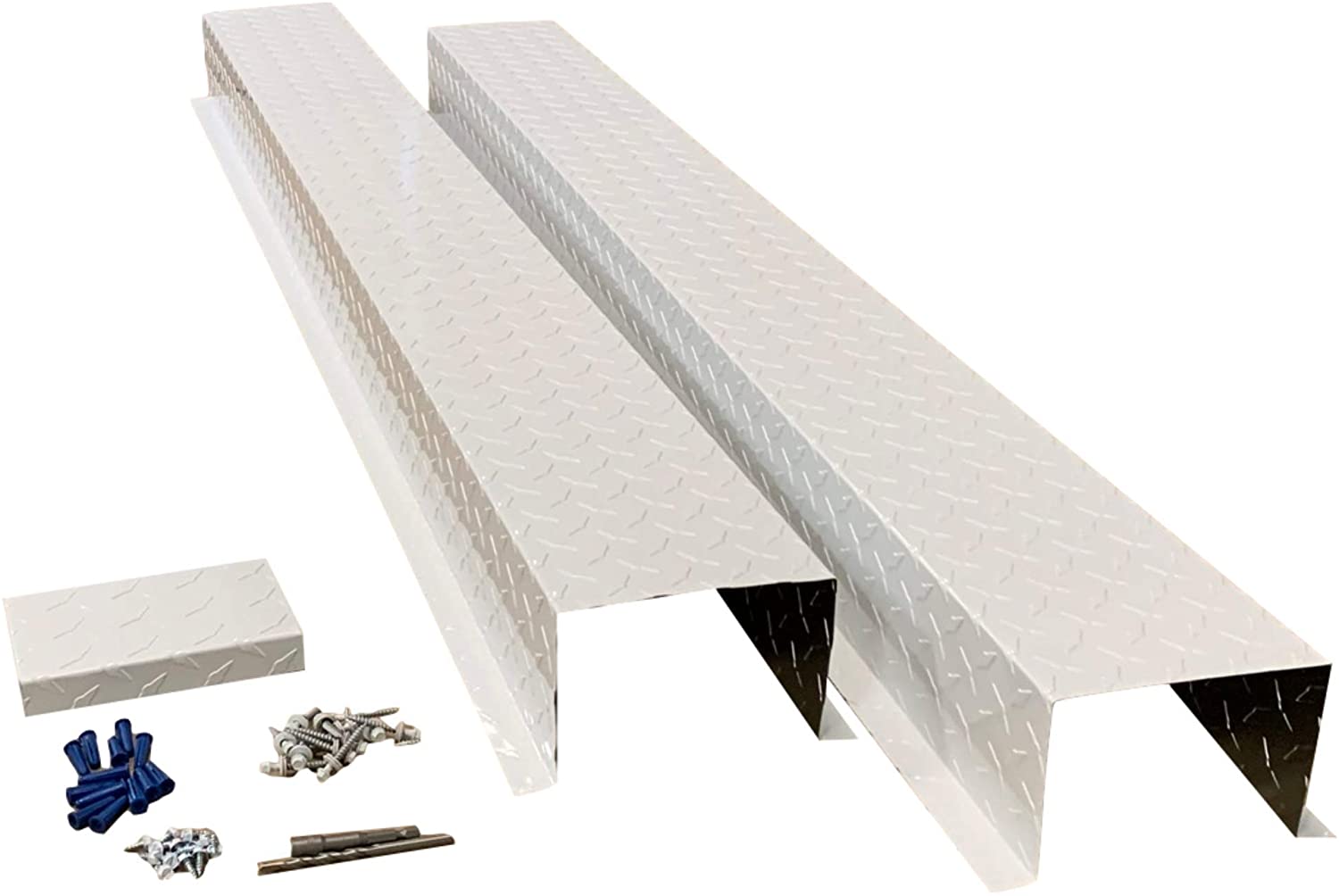 A PermaCover HVAC Line Set Cover that consists of two 5 FT sections that telescope together. The cover kit includes end caps, fasteners, and drivers. The cover is made from 0.025 inch Aluminum Diamond Treadplate and is White in color.