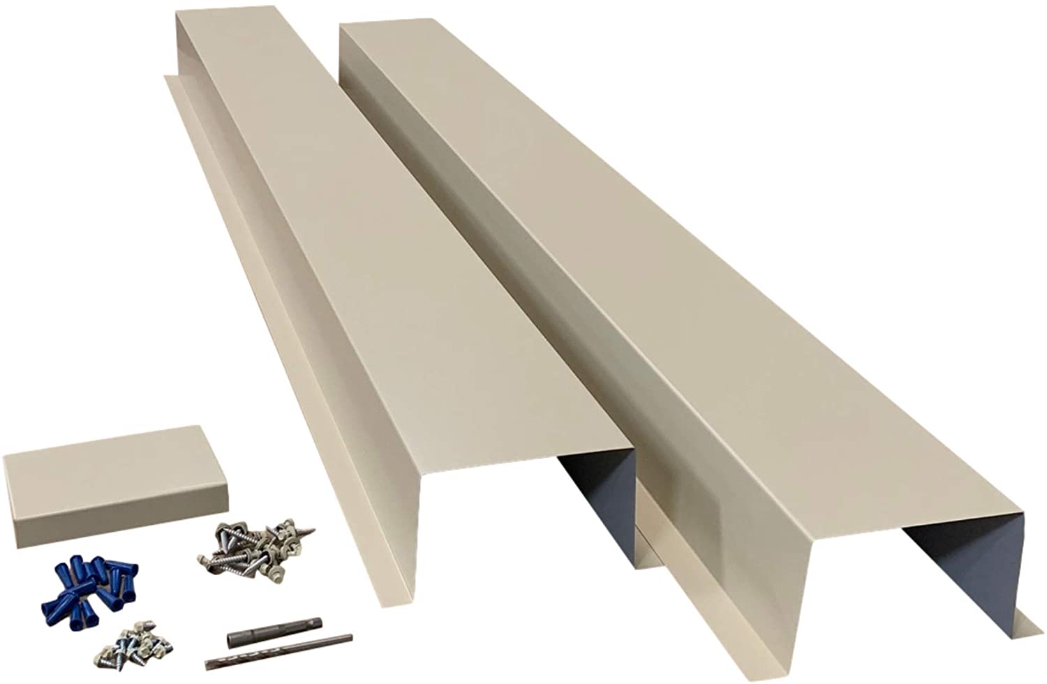 A PermaCover HVAC Line Set Cover that consists of two 5 FT sections. The cover is meant to install to extend existing HVAC line sets.  The cover is made from 26 Gauge Painted Steel in the color Lightstone.