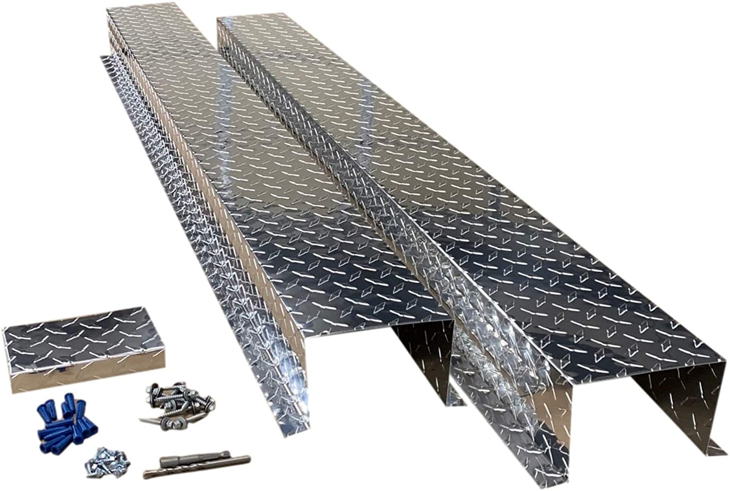 A PermaCover HVAC Line Set Cover that consists of two 5 FT sections that telescope together. The cover kit includes end caps, fasteners, and drivers. The cover is made from 0.025 inch Aluminum Diamond Treadplate and is Silver in color.