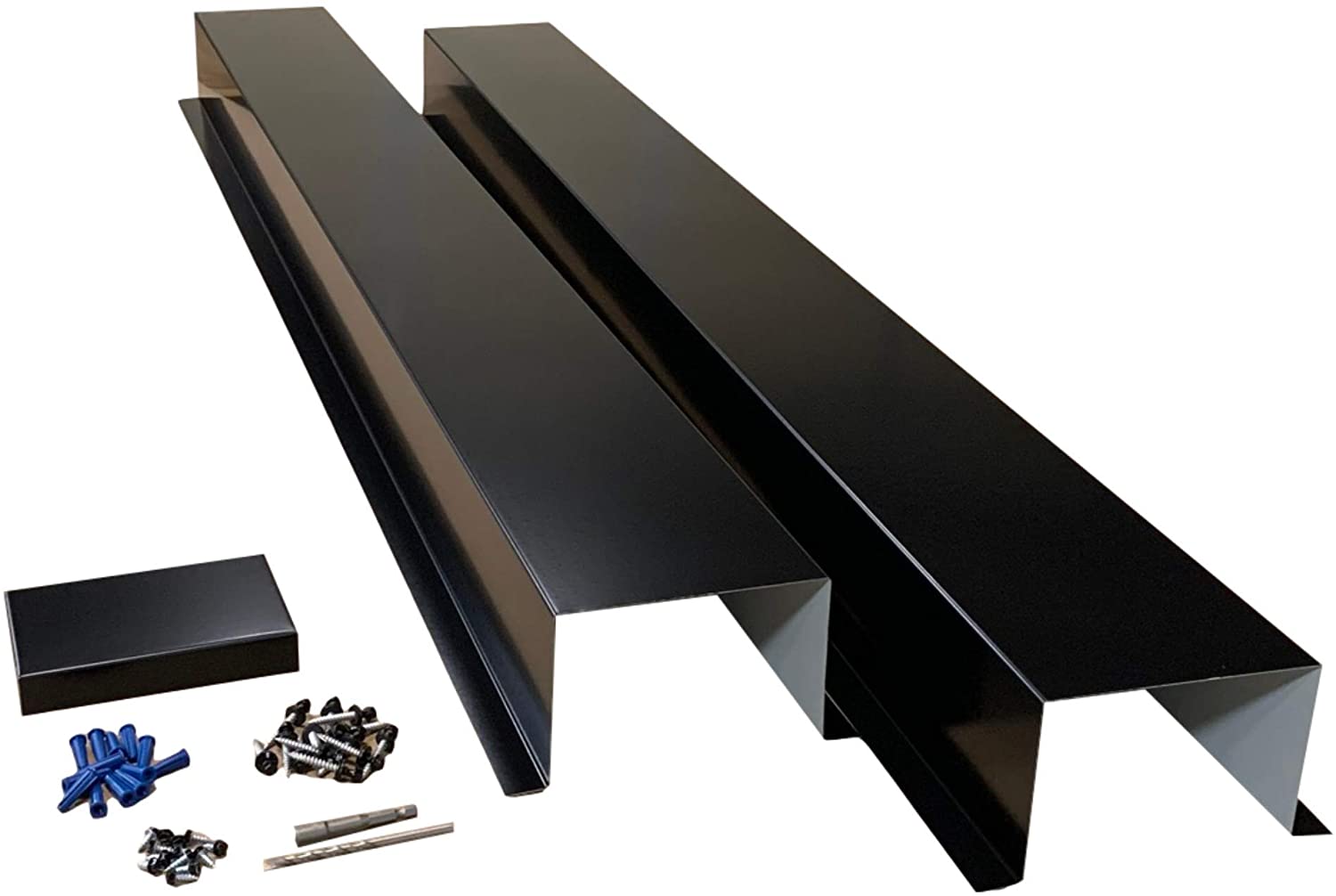 A PermaCover HVAC Line Set Cover that consists of two 5 FT sections. The cover is meant to install to extend existing HVAC line sets.  The cover is made from 26 Gauge Painted Steel in the color Black.