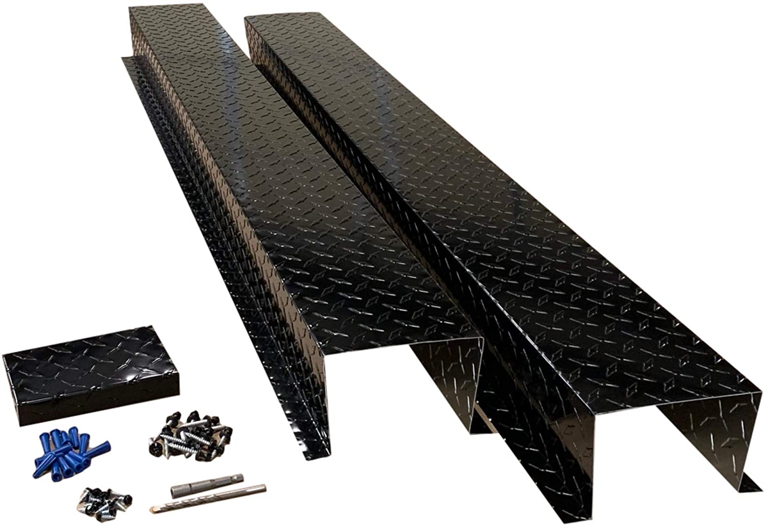 A PermaCover HVAC Line Set Cover that consists of two 5 FT sections that telescope together. The cover kit includes end caps, fasteners, and drivers. The cover is made from 0.025 inch Aluminum Diamond Treadplate and is Black in color.