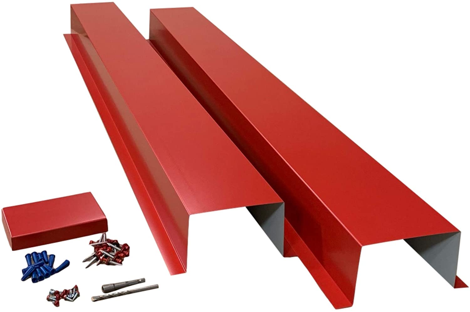 A PermaCover HVAC Line Set Cover that consists of two 5 FT sections. The cover is meant to install to extend existing HVAC line sets.  The cover is made from 26 Gauge Painted Steel in the color Bright Red.