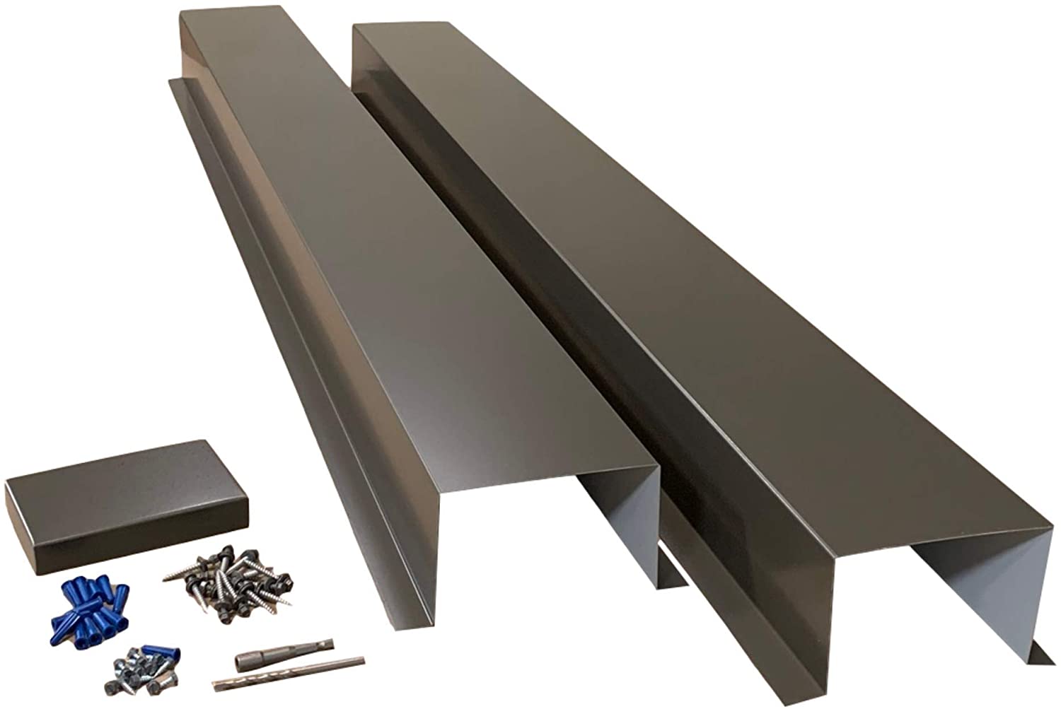 A PermaCover HVAC Line Set Cover that consists of two 5 FT sections. The cover is meant to install to extend existing HVAC line sets.  The cover is made from 26 Gauge Painted Steel in the color Burnished Slate.
