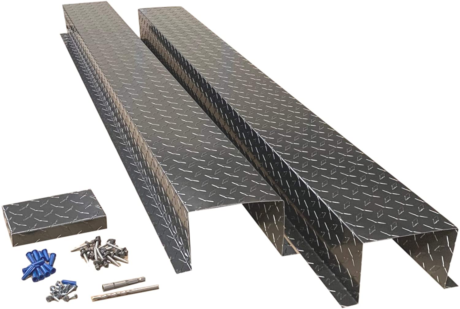 A PermaCover HVAC Line Set Cover that consists of two 5 FT sections that telescope together. The cover kit includes end caps, fasteners, and drivers. The cover is made from 0.025 inch Aluminum Diamond Treadplate and is Gray in color.