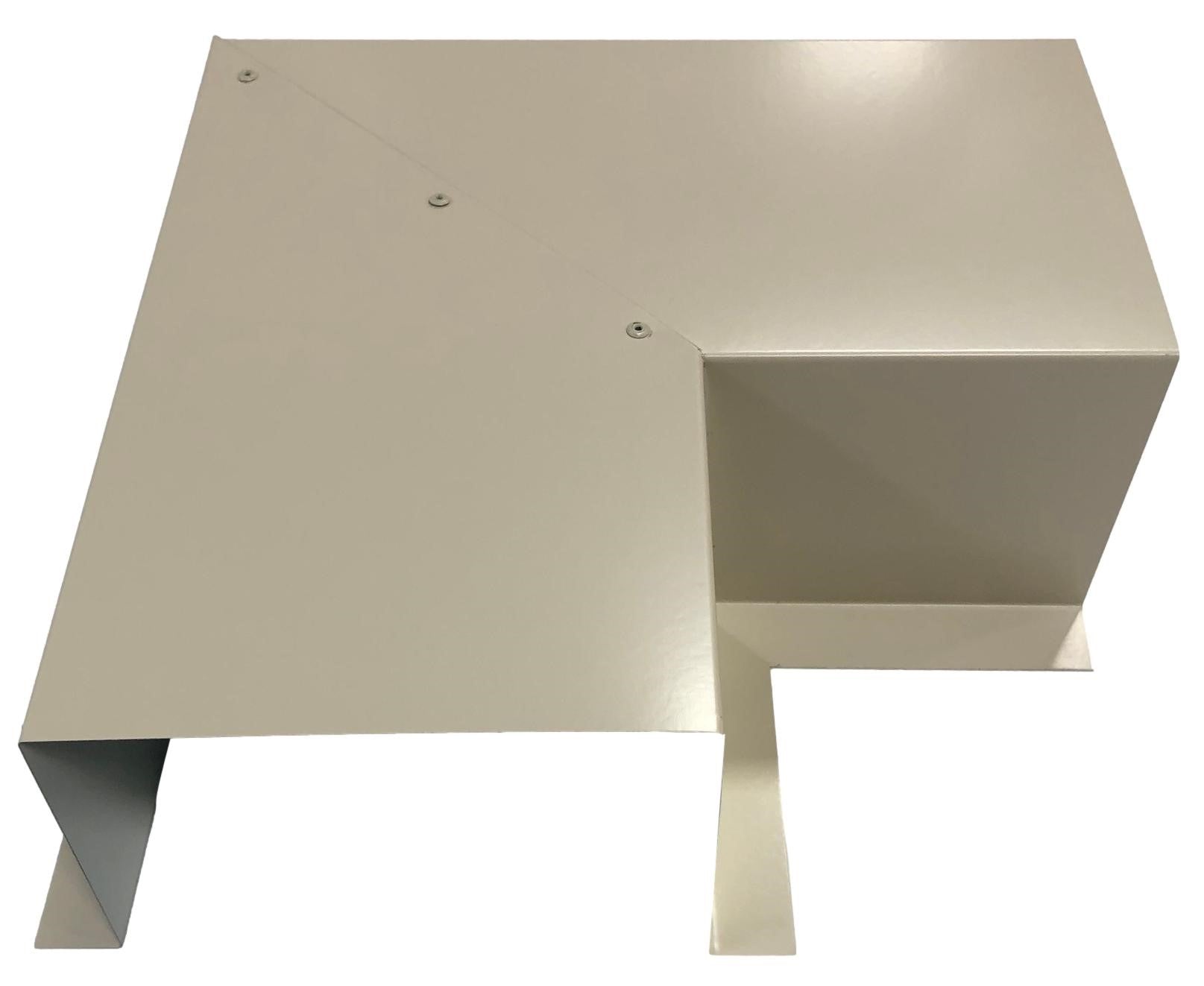 A PermaCover Metal HVAC Line Set Cover 90° Side Turning Elbow that is made to attach to exterior walls to cover existing HVAC line sets. The elbow is made from 26 Gauge Painted Steel and is Lightstone in color.