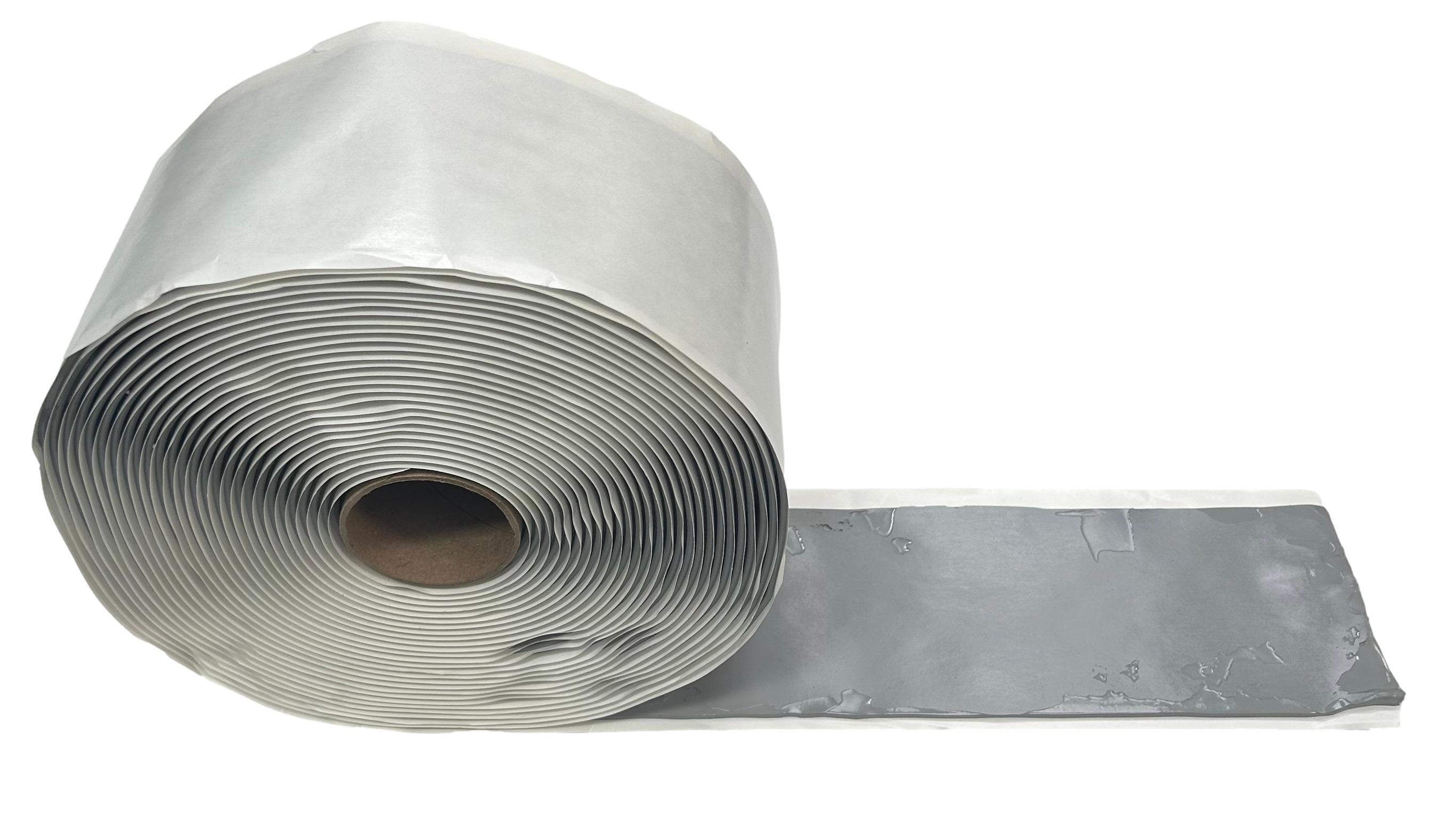 A close up of a roll of 2 inch wide Butyl Putty Sealing tape that is used for metal roofing applications. The tape has a removable backing on it.
