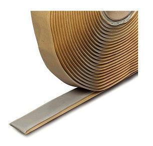 A close up of a roll of 1 inch wide Butyl Putty Sealing tape that is used for metal roofing applications. The tape has a removable backing on it.