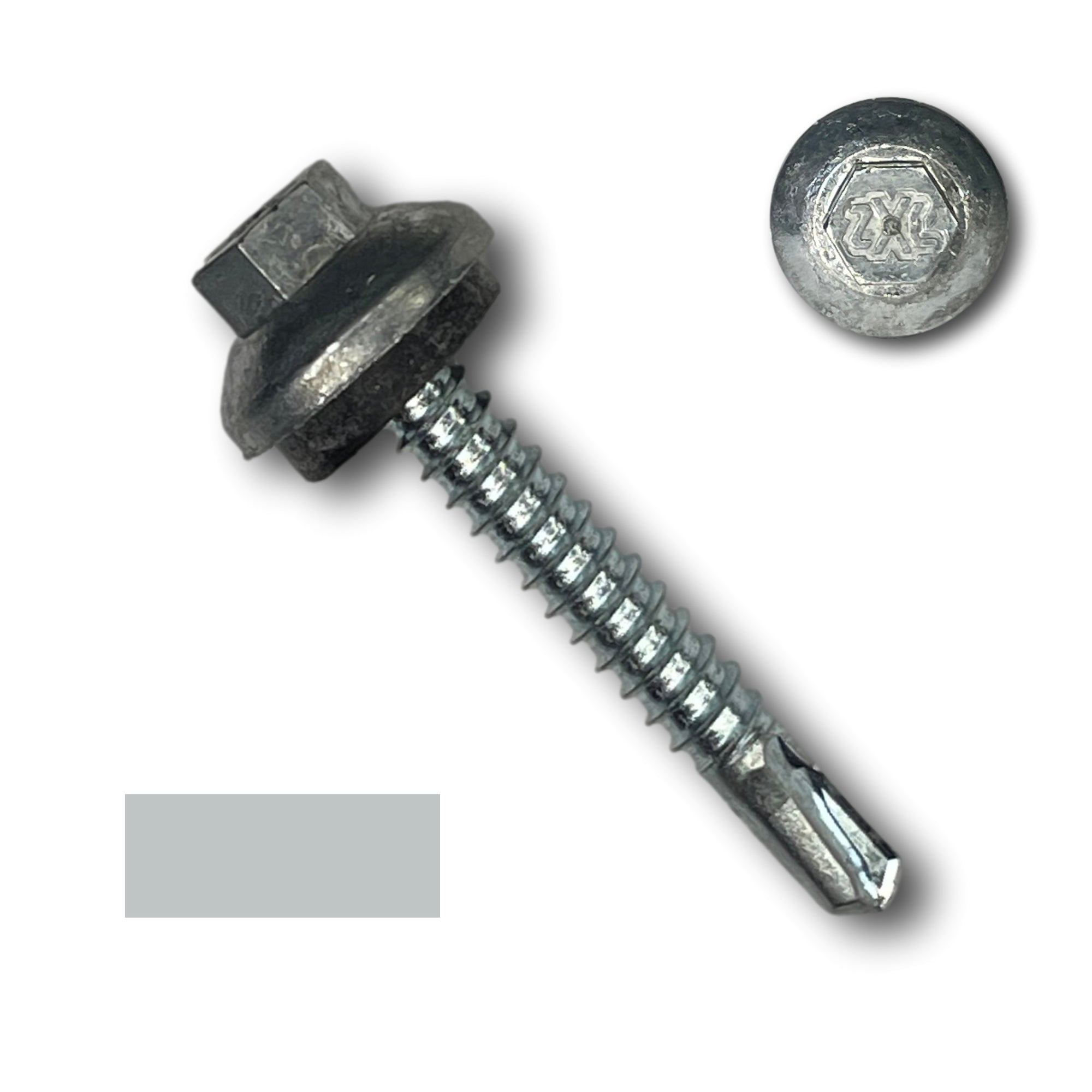 A number 12 Diameter Metal Roofing Screw that is 1.5 inches long with a 5/16 inch Hex Head and an EPDM Rubber Washer. The screw features a self-drilling tip for drilling into steel purlins and a Dome Cap that completely covers the washer. There is a color swatch of the screw head in the bottom left corner and a close-up of the screw head in the top right corner. The screw head is Zinc/Unpainted in color. 