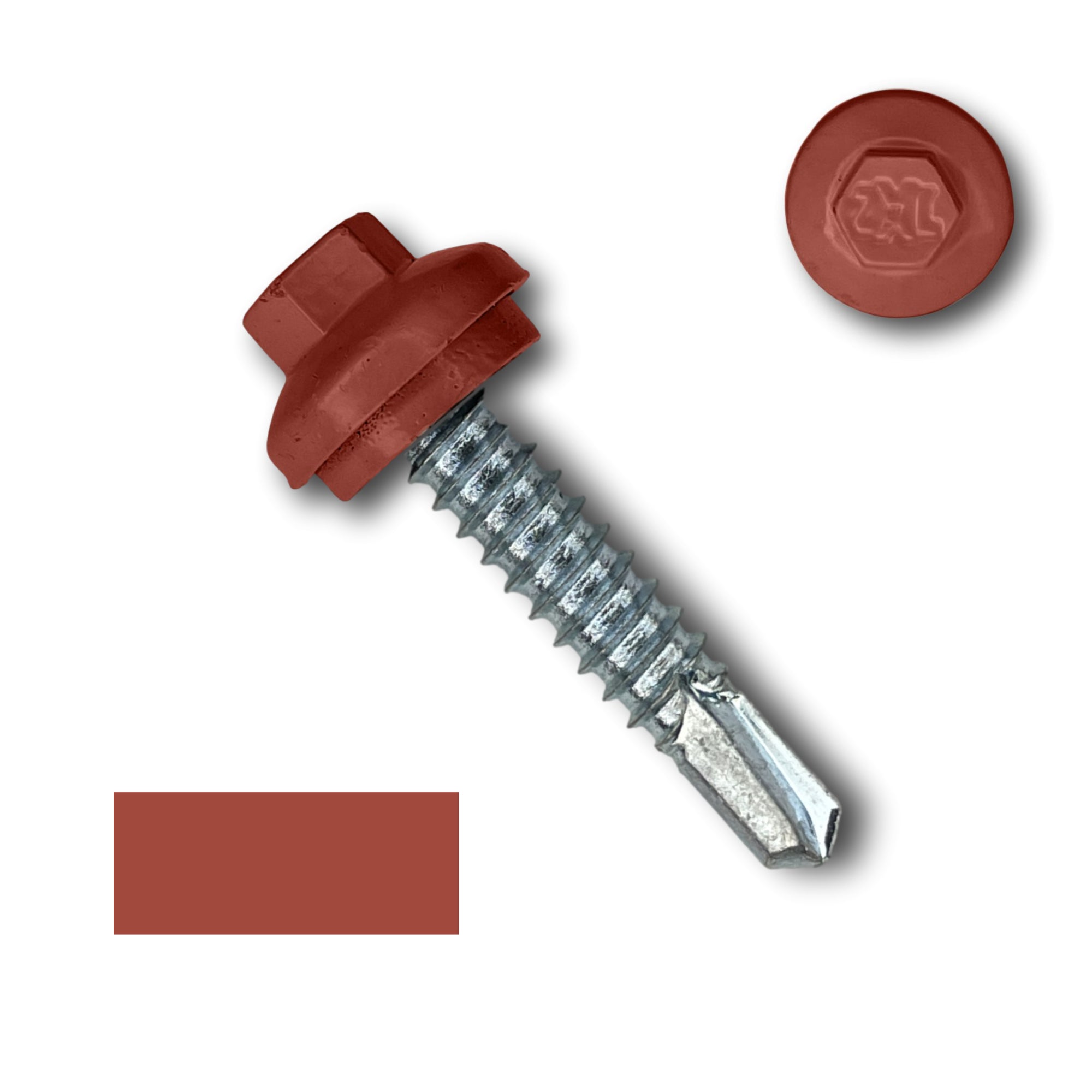 A number 14 Diameter Metal Roofing Screw that is 1.25 inches long with a 5/16 inch Hex Head and an EPDM Rubber Washer. The screw features a Dome Cap that covers the washer and a self-drilling tip for drilling into steel purlins. There is a color swatch of the screw head in the bottom left corner and a close-up of the screw head in the top right corner. The screw head is Barn Red in color. 