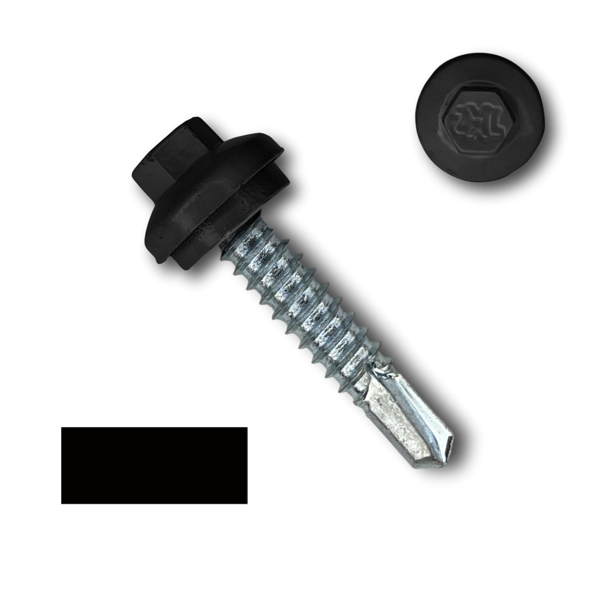 A number 14 Diameter Metal Roofing Screw that is 1.25 inches long with a 5/16 inch Hex Head and an EPDM Rubber Washer. The screw features a Dome Cap that covers the washer and a self-drilling tip for drilling into steel purlins. There is a color swatch of the screw head in the bottom left corner and a close-up of the screw head in the top right corner. The screw head is Black in color. 