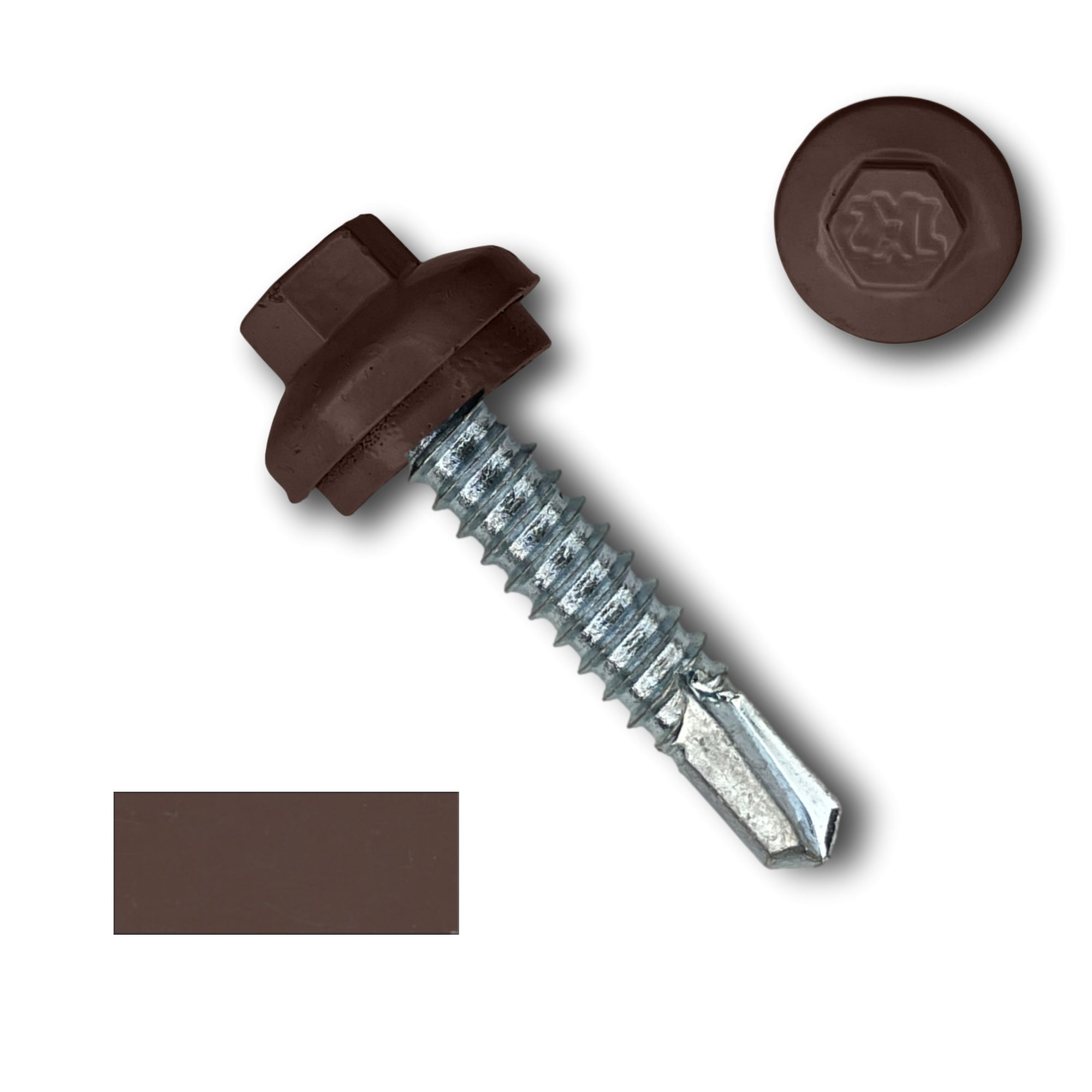 A number 14 Diameter Metal Roofing Screw that is 1.25 inches long with a 5/16 inch Hex Head and an EPDM Rubber Washer. The screw features a Dome Cap that covers the washer and a self-drilling tip for drilling into steel purlins. There is a color swatch of the screw head in the bottom left corner and a close-up of the screw head in the top right corner. The screw head is Brown in color. 