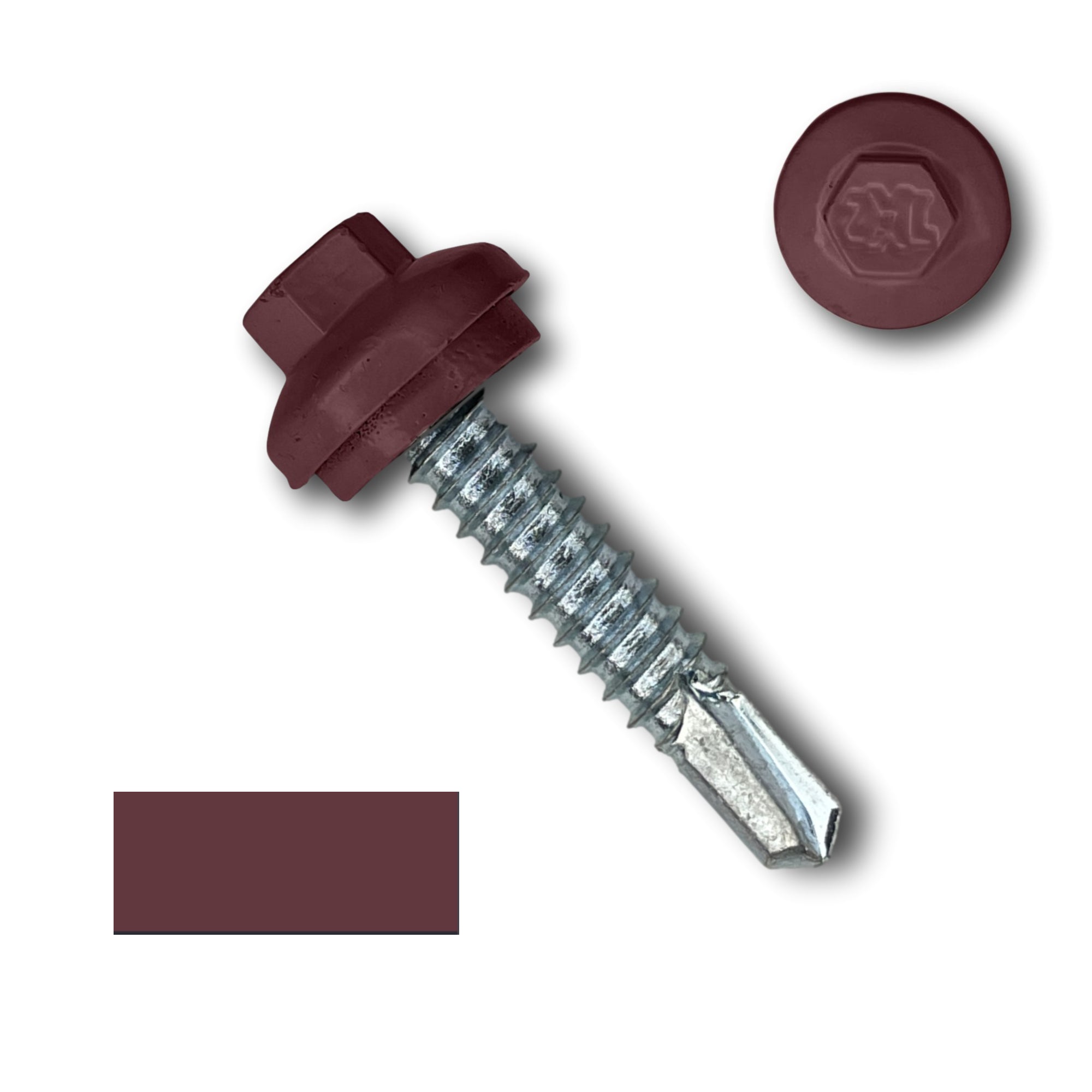 A number 14 Diameter Metal Roofing Screw that is 1.25 inches long with a 5/16 inch Hex Head and an EPDM Rubber Washer. The screw features a Dome Cap that covers the washer and a self-drilling tip for drilling into steel purlins. There is a color swatch of the screw head in the bottom left corner and a close-up of the screw head in the top right corner. The screw head is Burgundy in color. 