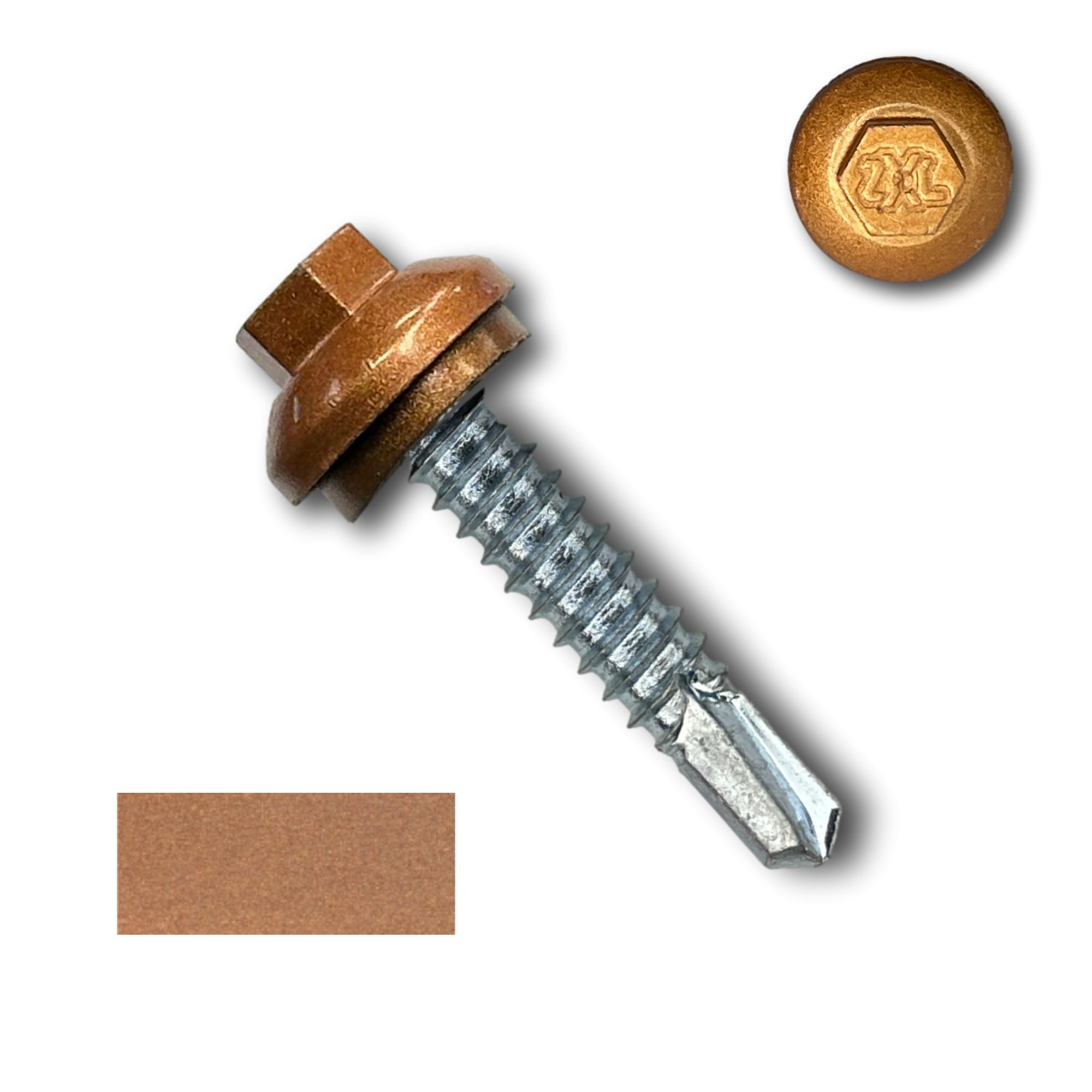 A number 14 Diameter Metal Roofing Screw that is 1.25 inches long with a 5/16 inch Hex Head and an EPDM Rubber Washer. The screw features a Dome Cap that covers the washer and a self-drilling tip for drilling into steel purlins. There is a color swatch of the screw head in the bottom left corner and a close-up of the screw head in the top right corner. The screw head is Copper Metallic in color. 