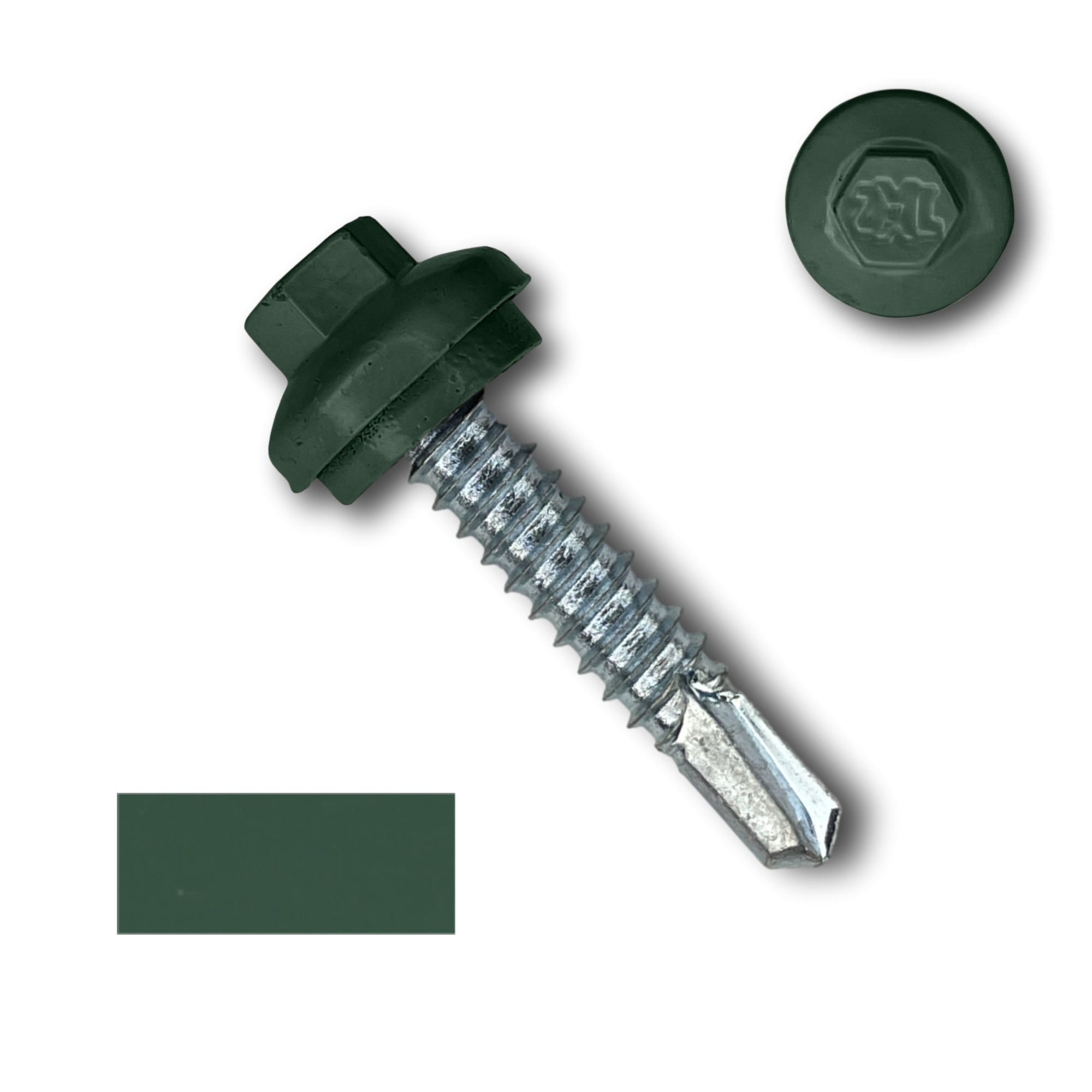 A number 14 Diameter Metal Roofing Screw that is 1.25 inches long with a 5/16 inch Hex Head and an EPDM Rubber Washer. The screw features a Dome Cap that covers the washer and a self-drilling tip for drilling into steel purlins. There is a color swatch of the screw head in the bottom left corner and a close-up of the screw head in the top right corner. The screw head is Forest Green in color. 