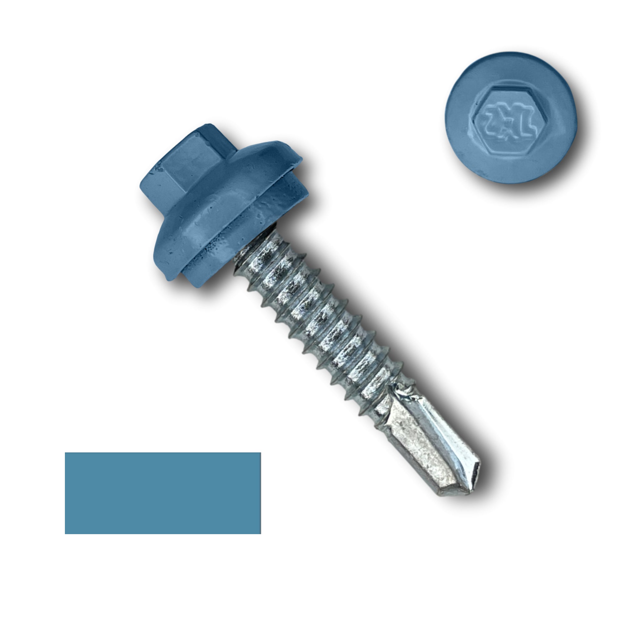 A number 14 Diameter Metal Roofing Screw that is 1.25 inches long with a 5/16 inch Hex Head and an EPDM Rubber Washer. The screw features a Dome Cap that covers the washer and a self-drilling tip for drilling into steel purlins. There is a color swatch of the screw head in the bottom left corner and a close-up of the screw head in the top right corner. The screw head is Hawaiian Blue in color. 